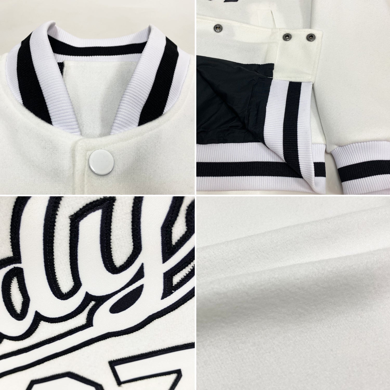 Custom White White-Black Bomber Full-Snap Varsity Letterman Jacket view 4