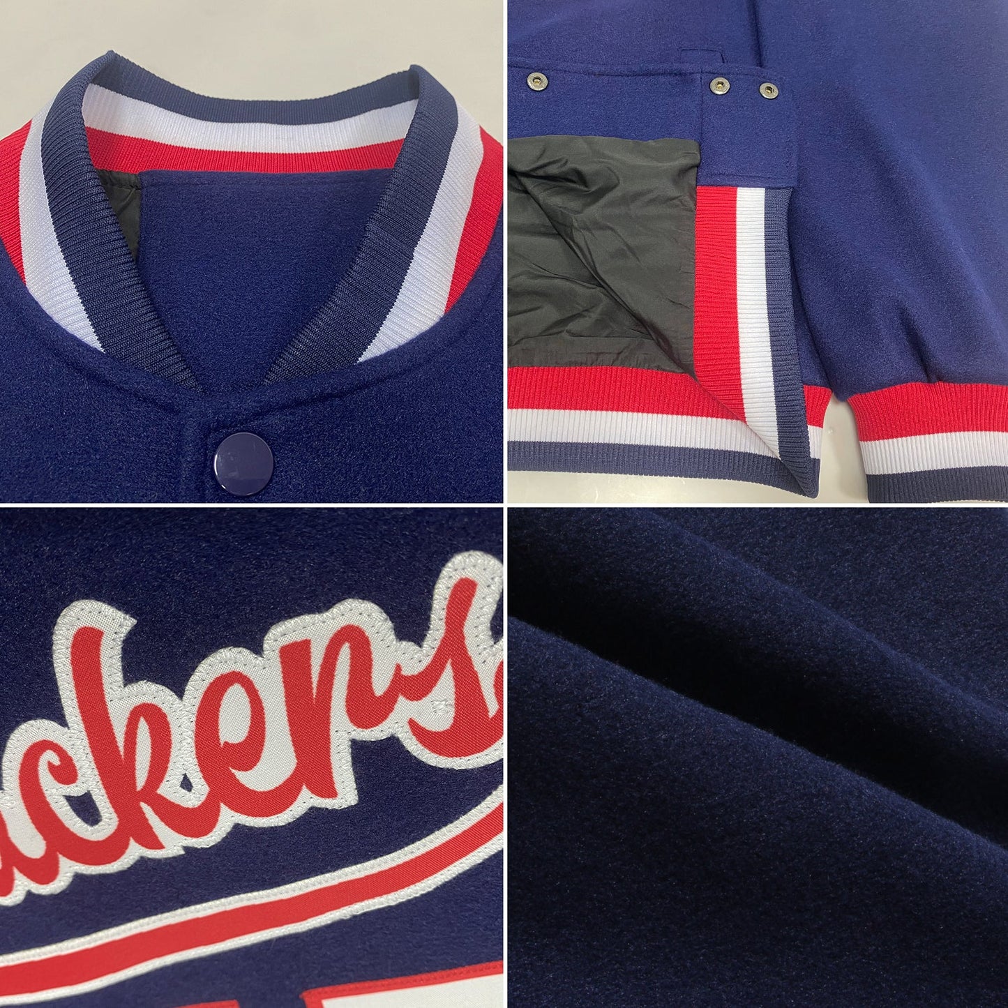 Custom Navy White-Red Bomber Full-Snap Varsity Letterman Jacket view 4