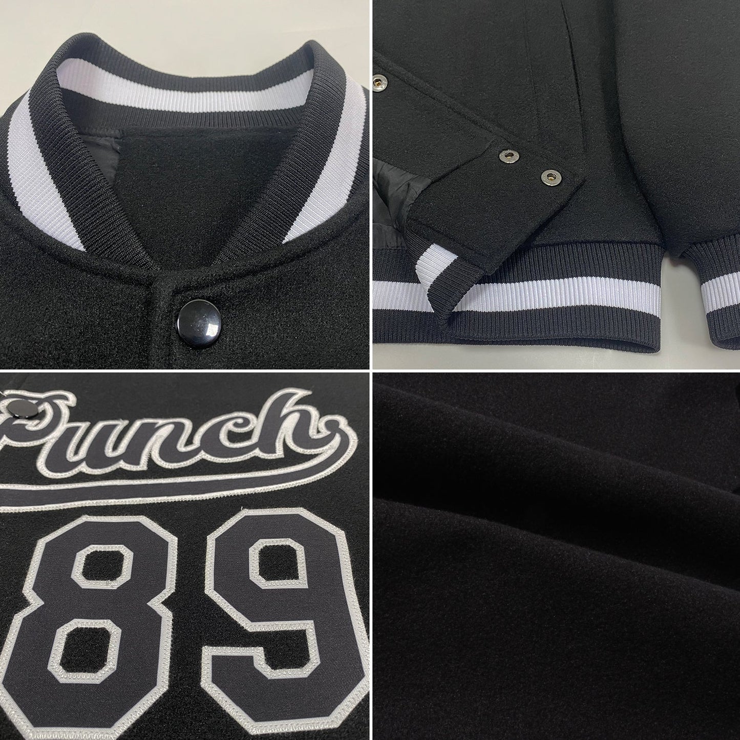 Custom Black Black-White Bomber Full-Snap Varsity Letterman Jacket view 4