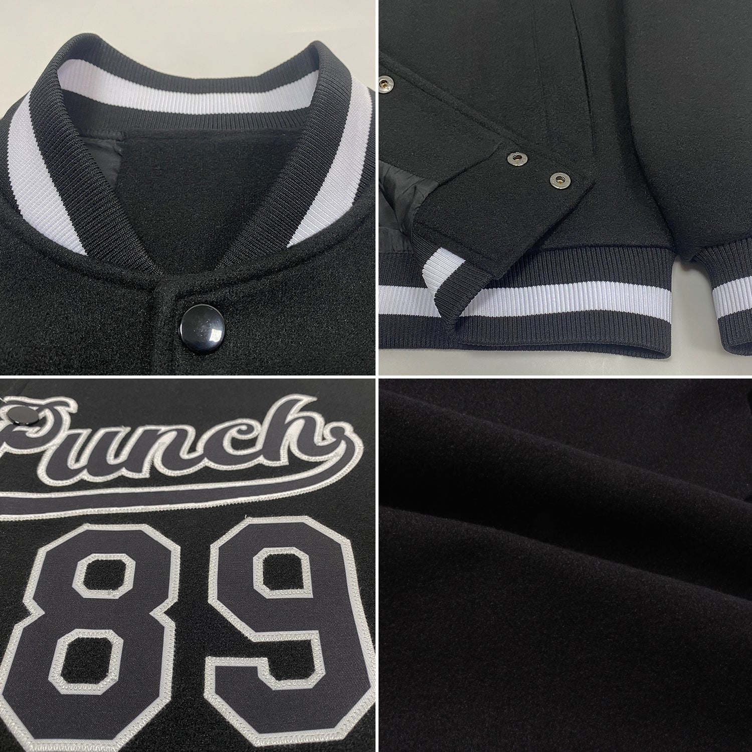 Custom Black Black-White Bomber Full-Snap Varsity Letterman Jacket view 4
