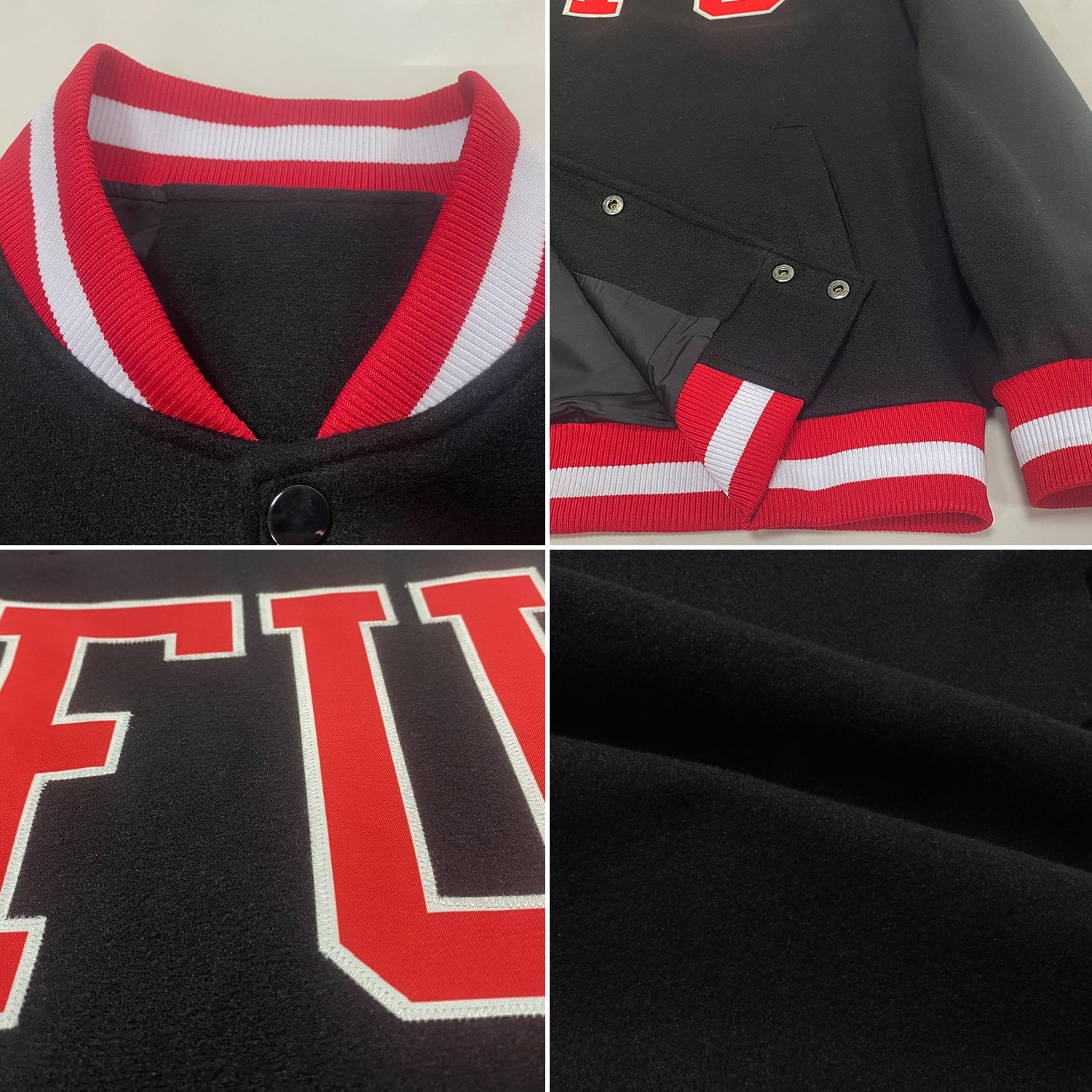 Custom Black Red-White Bomber Full-Snap Varsity Letterman Jacket view 4