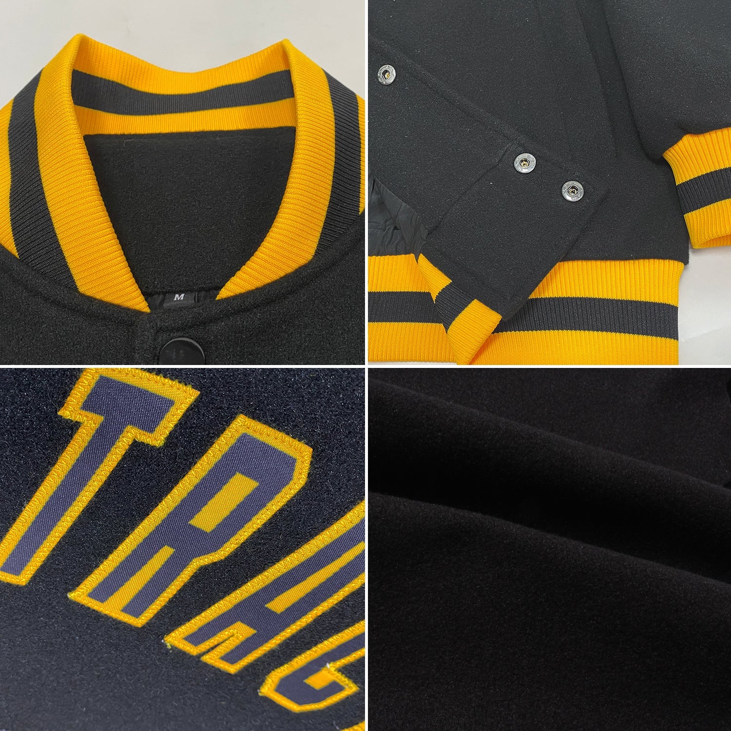 Custom Black Black-Gold Bomber Full-Snap Varsity Letterman Jacket view 4