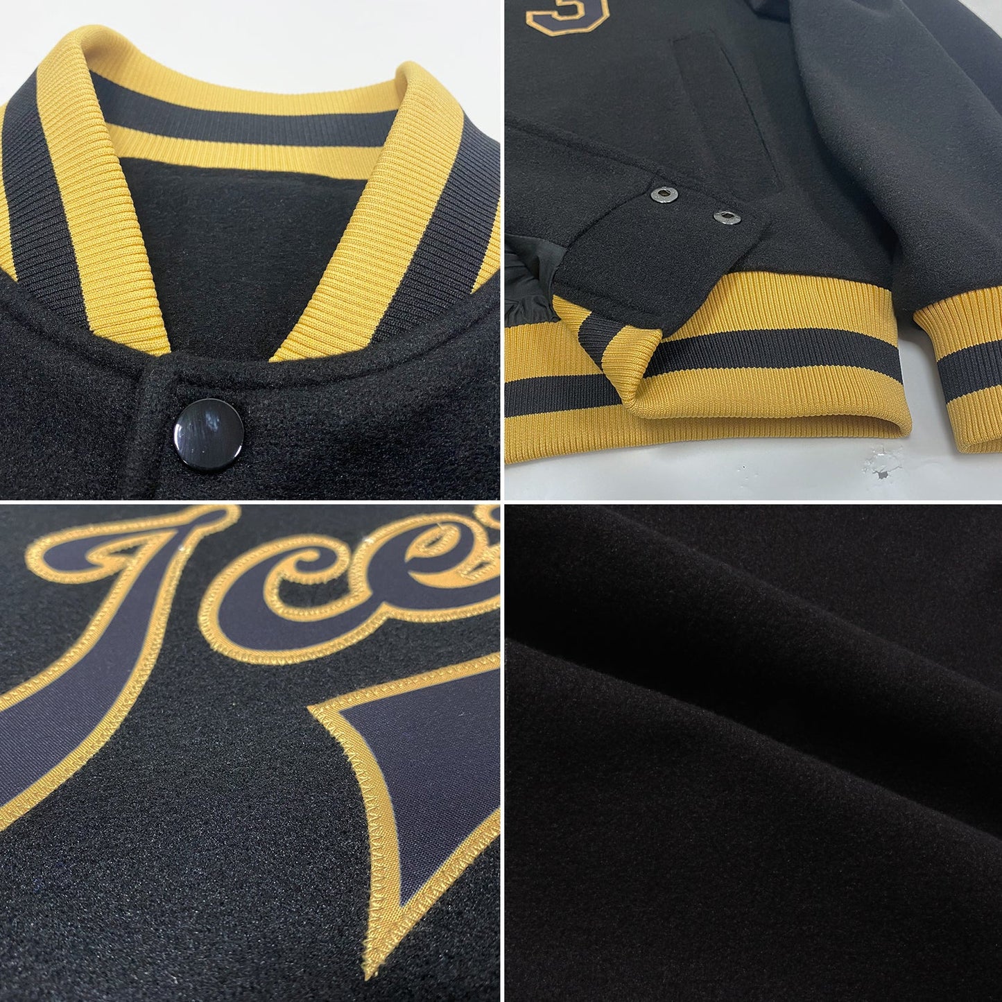 Custom Black Black-Old Gold Bomber Full-Snap Varsity Letterman Jacket view 4