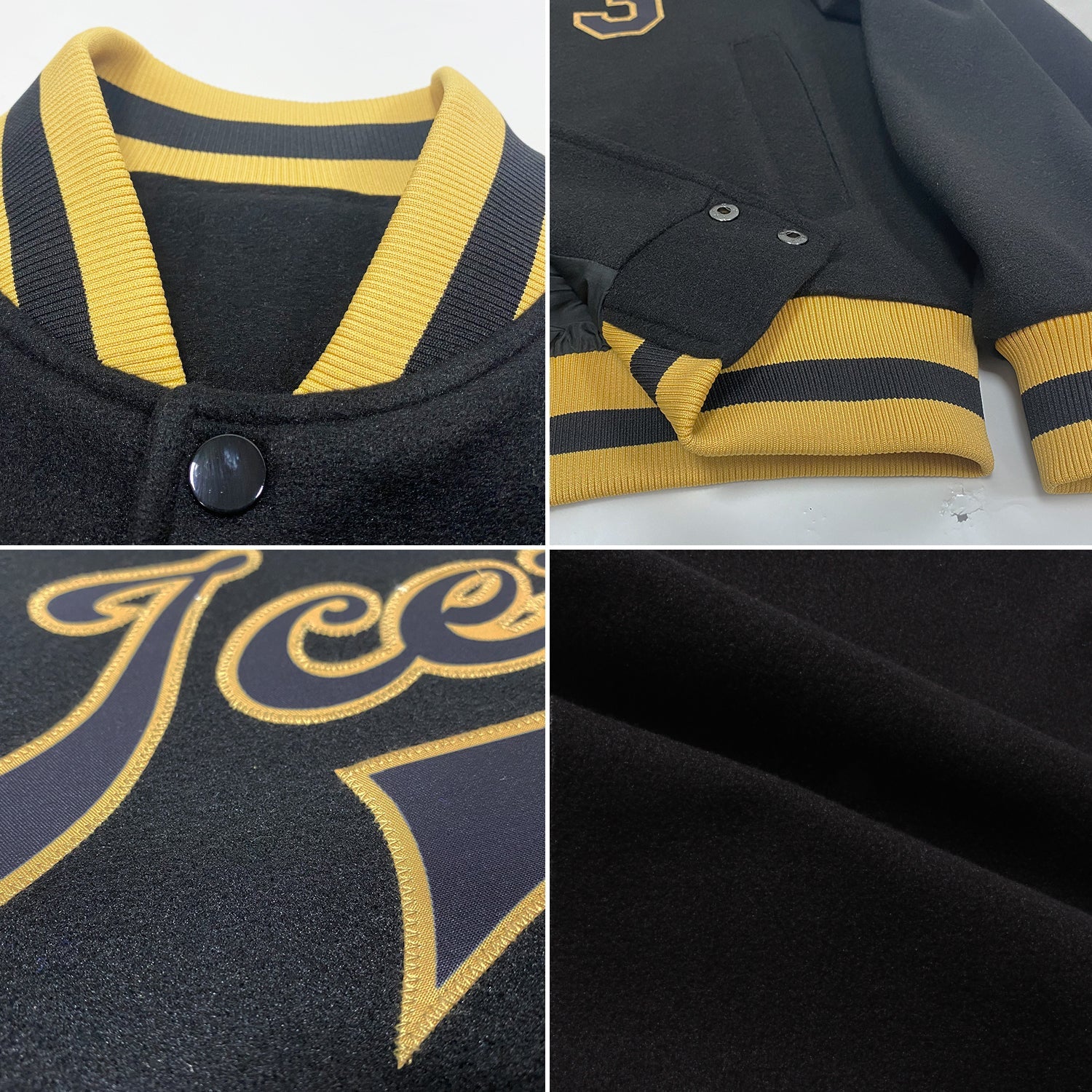 Custom Black Black-Old Gold Bomber Full-Snap Varsity Letterman Jacket view 4