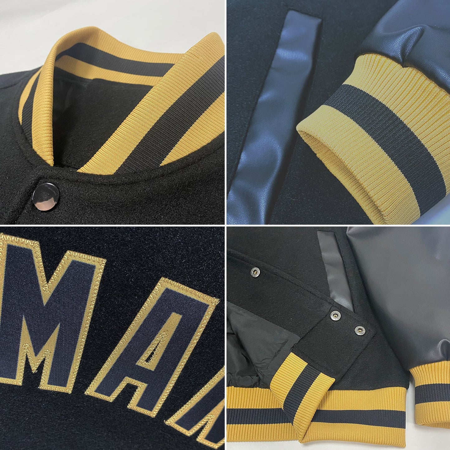 Custom Black Black-Old Gold Bomber Full-Snap Varsity Letterman Jacket view 4