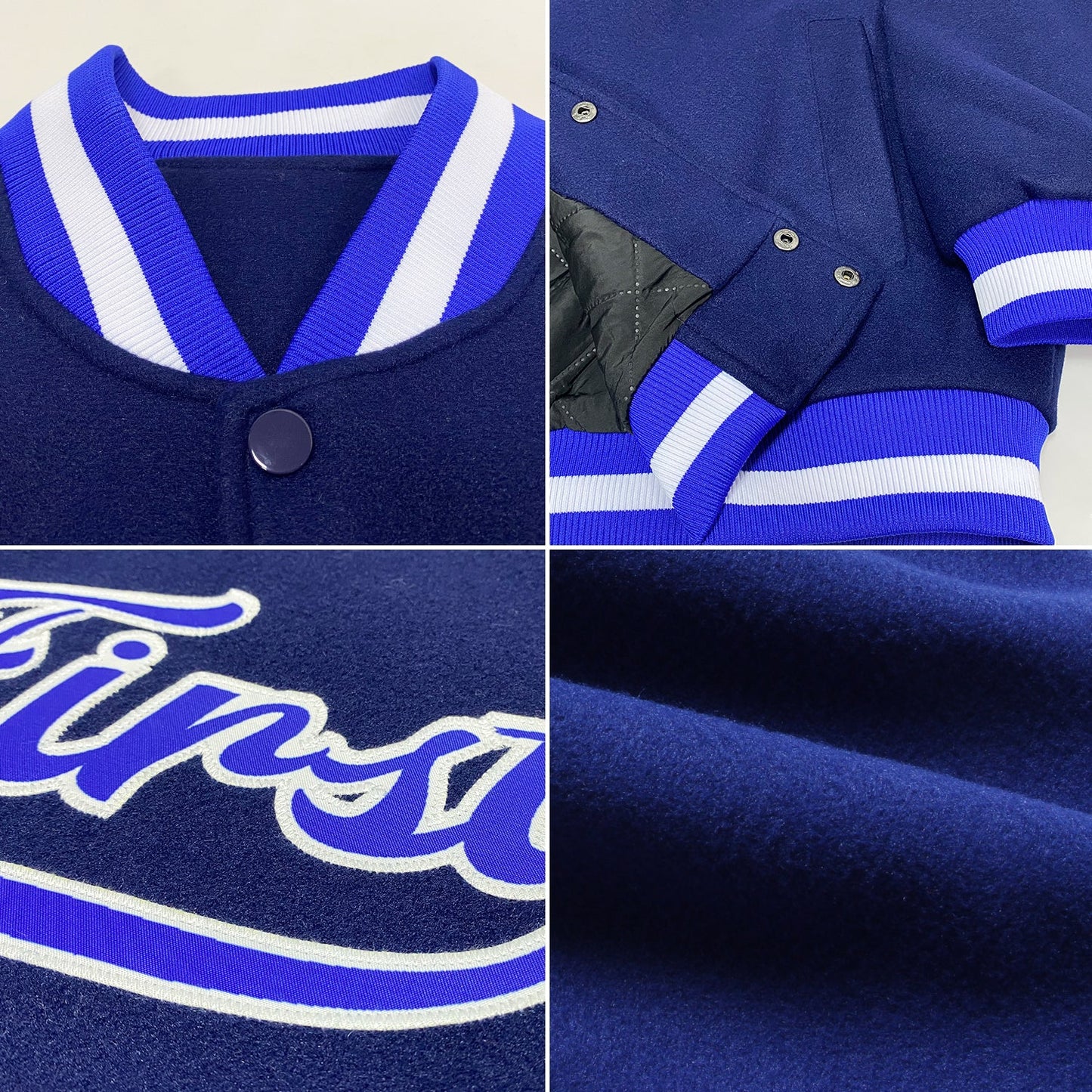 Custom Navy Royal-White Bomber Full-Snap Varsity Letterman Jacket view 4
