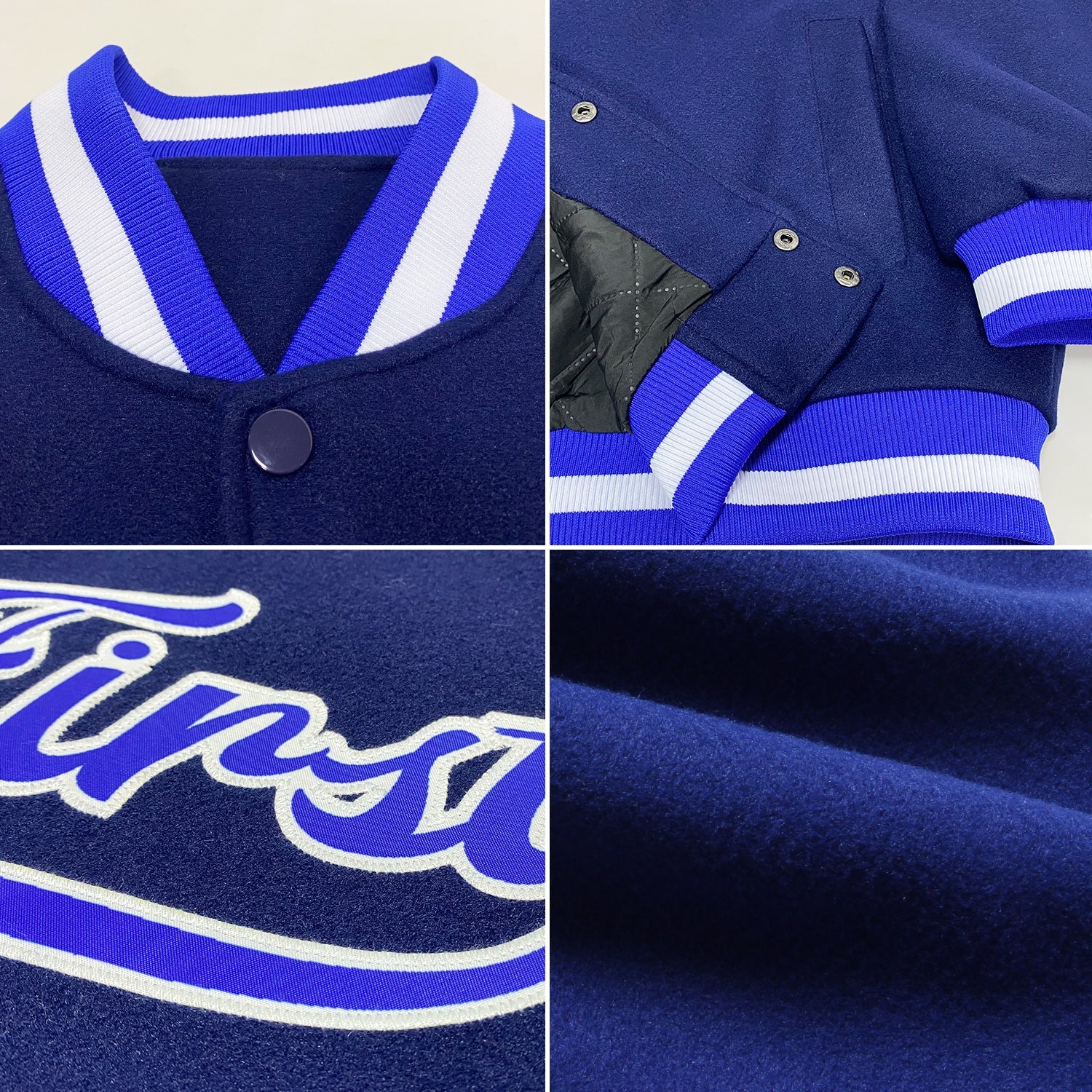 Custom Navy Royal-White Bomber Full-Snap Varsity Letterman Jacket view 4