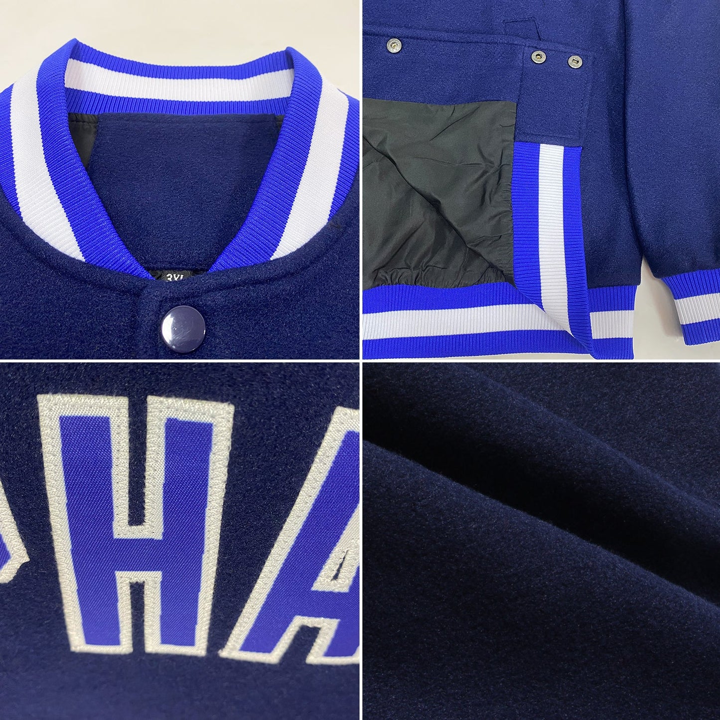 Custom Navy Royal-White Bomber Full-Snap Varsity Letterman Jacket view 4