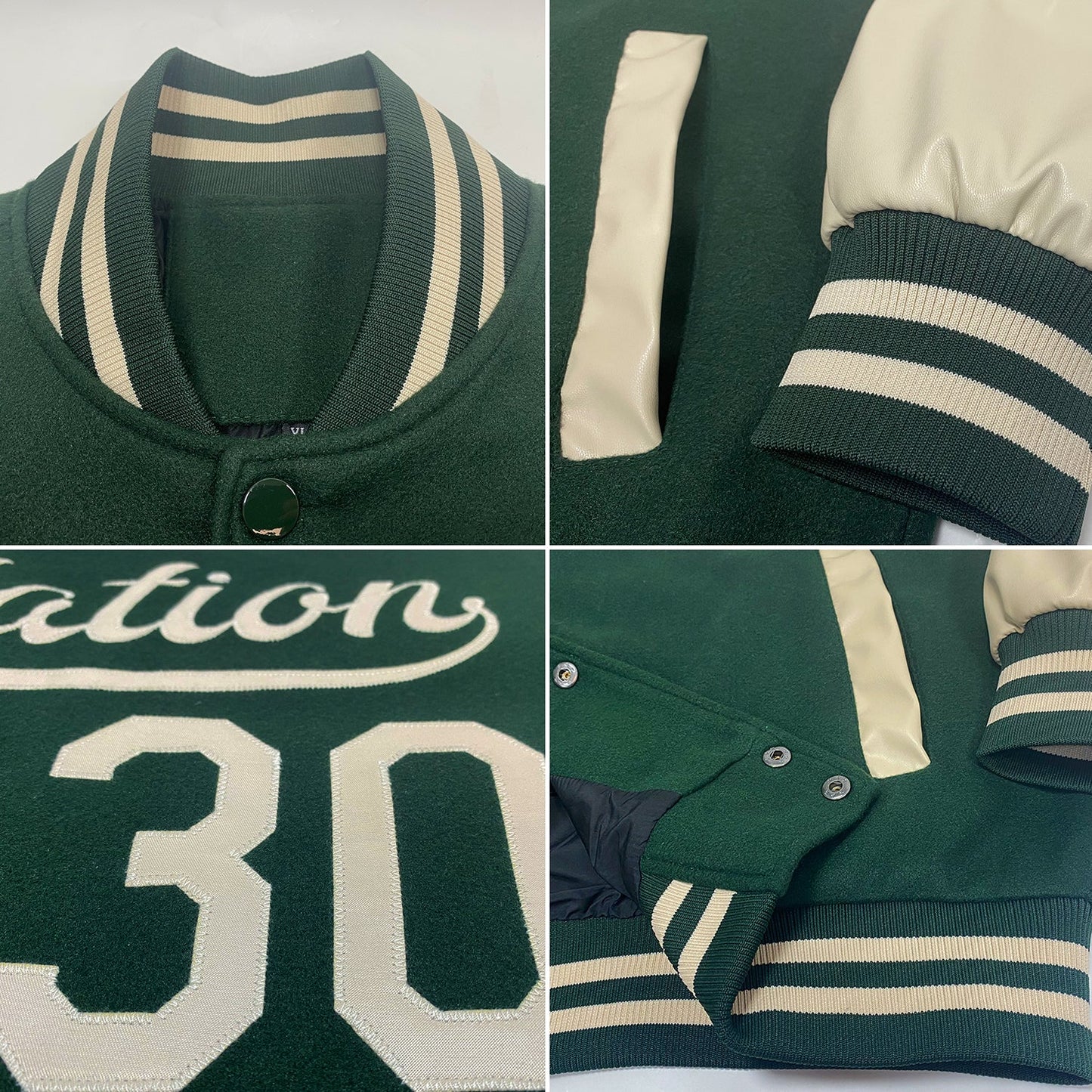 Custom Green Cream Bomber Full-Snap Varsity Letterman Two Tone Jacket view 4
