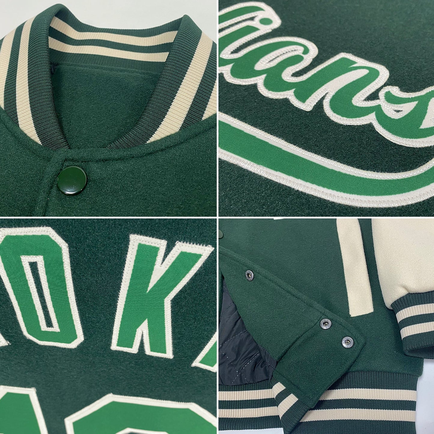 Custom Green Green-Cream Bomber Full-Snap Varsity Letterman Two Tone Jacket view 4