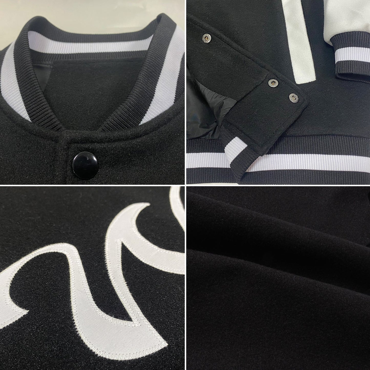 Custom Black White Bomber Full-Snap Varsity Letterman Two Tone Jacket view 4