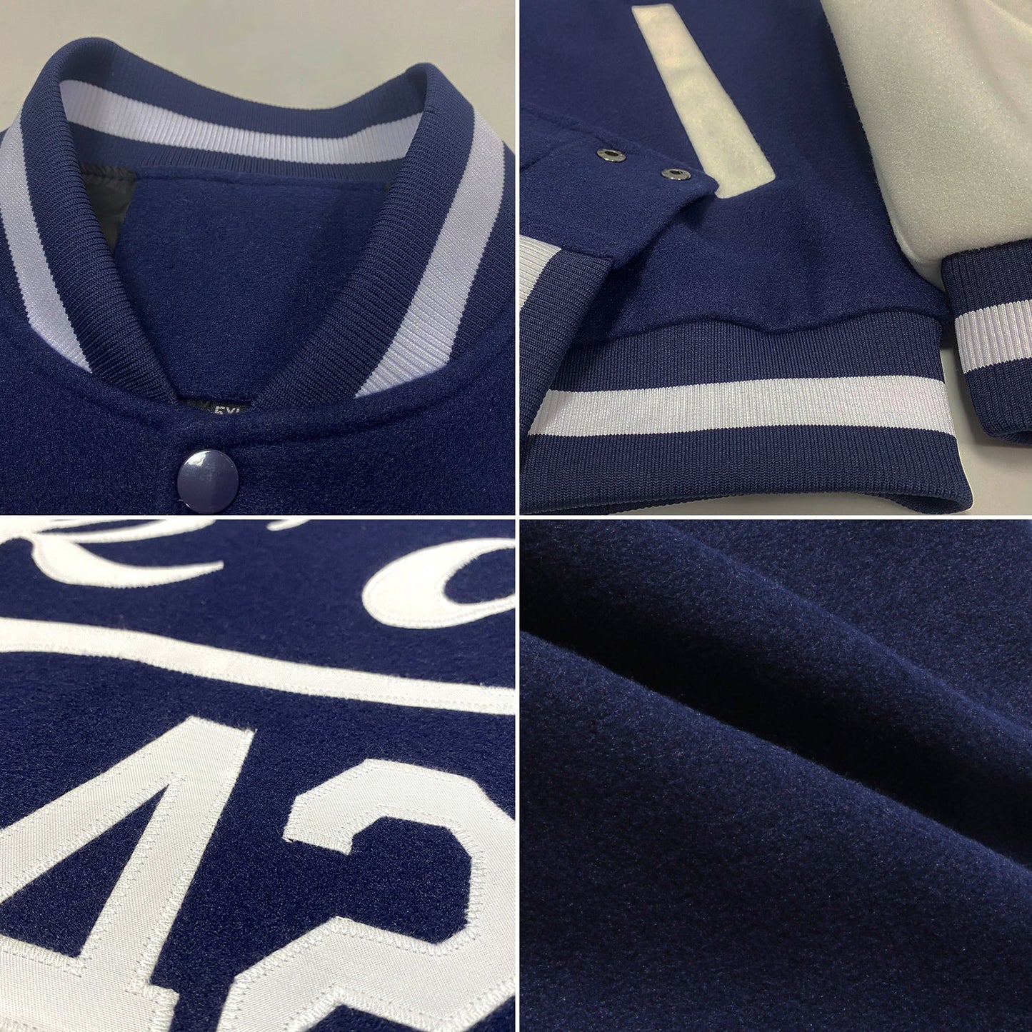 Custom Navy White Bomber Full-Snap Varsity Letterman Two Tone Jacket view 4