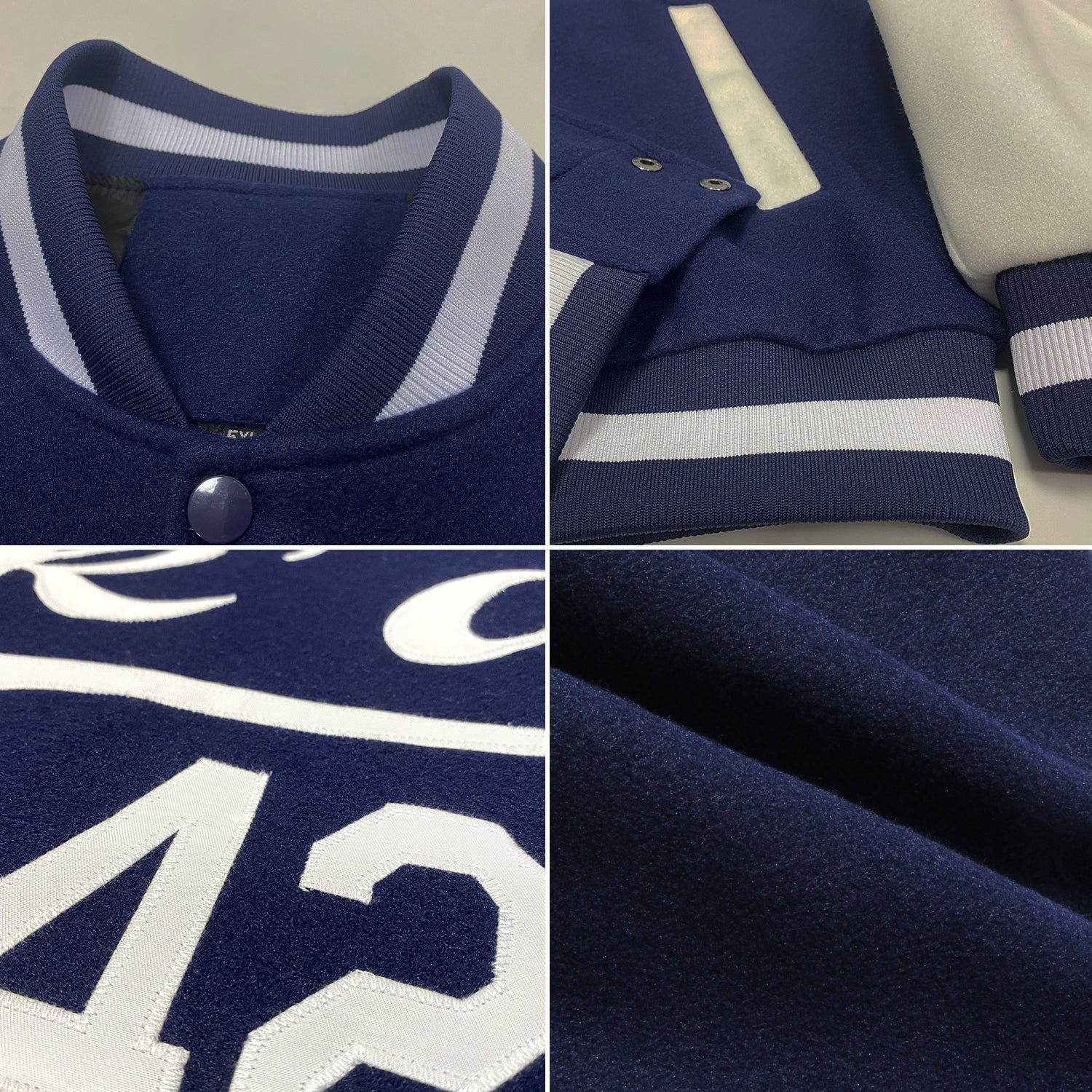 Custom Navy White Bomber Full-Snap Varsity Letterman Two Tone Jacket view 4