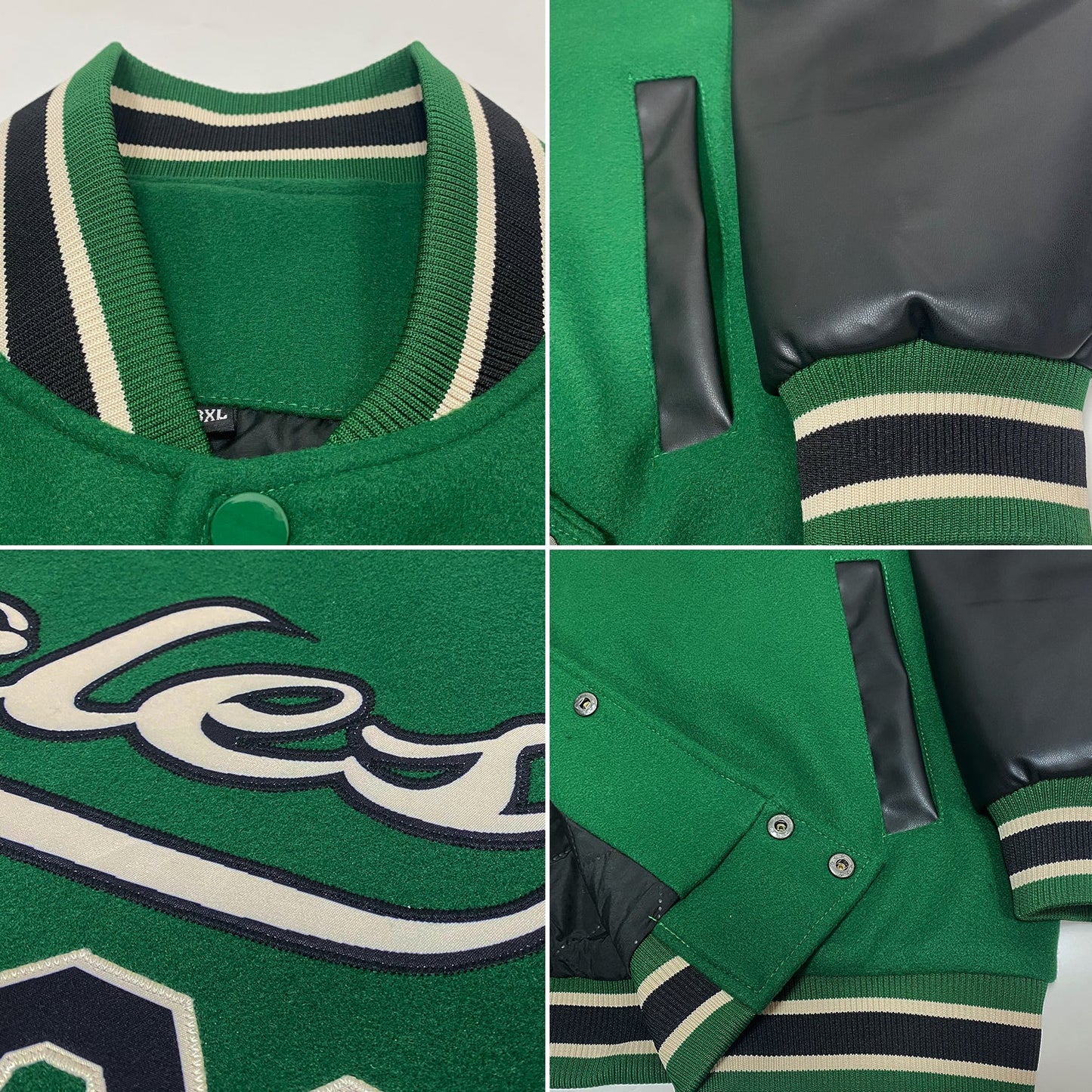 Custom Kelly Green Black-Cream Bomber Full-Snap Varsity Letterman Two Tone Jacket view 4