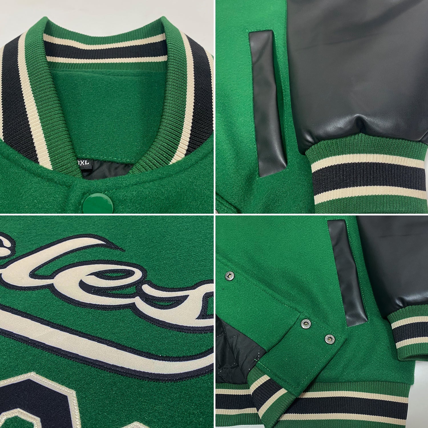Custom Kelly Green Black-Cream Bomber Full-Snap Varsity Letterman Two Tone Jacket view 4