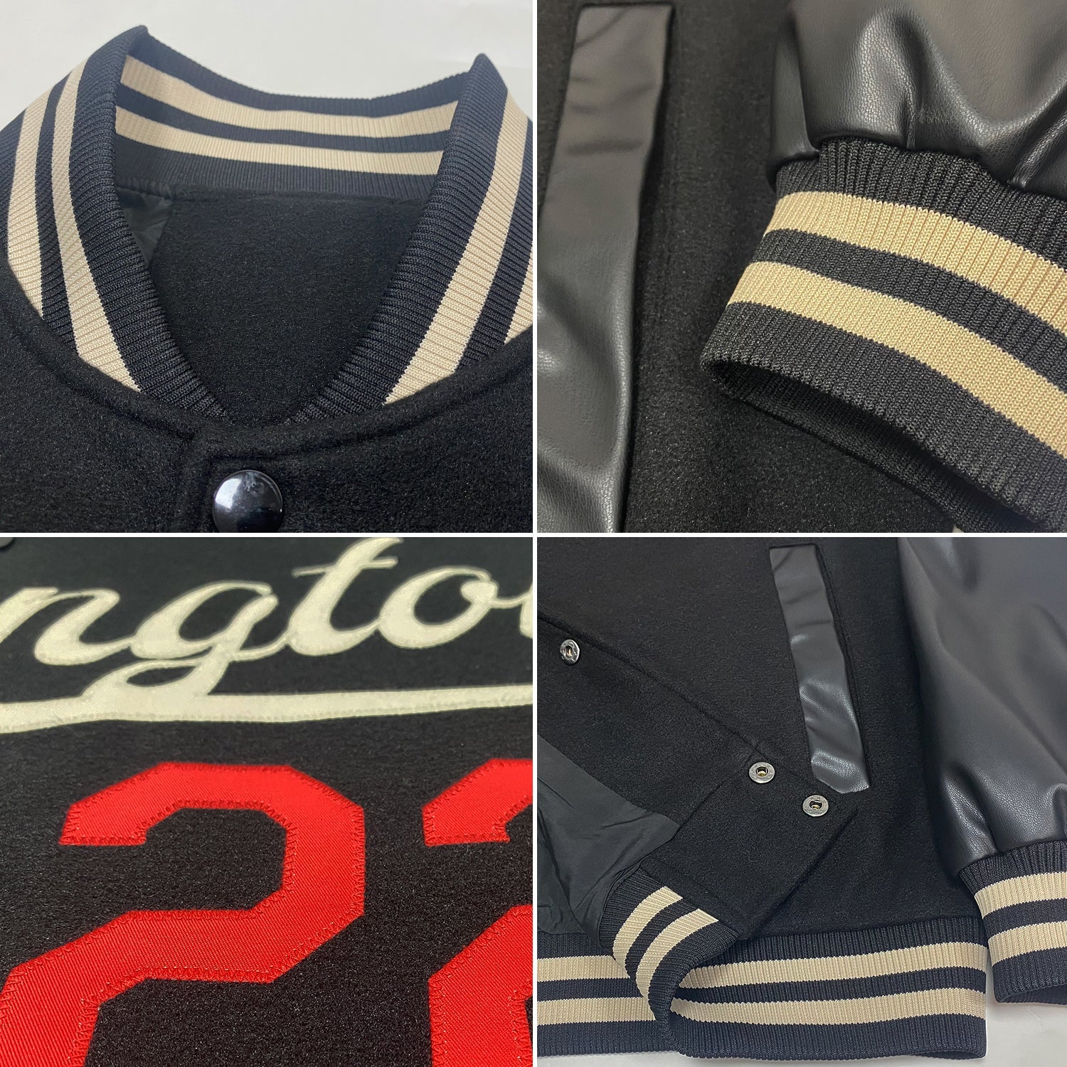 Custom Black Cream-Red Bomber Full-Snap Varsity Letterman Jacket view 4