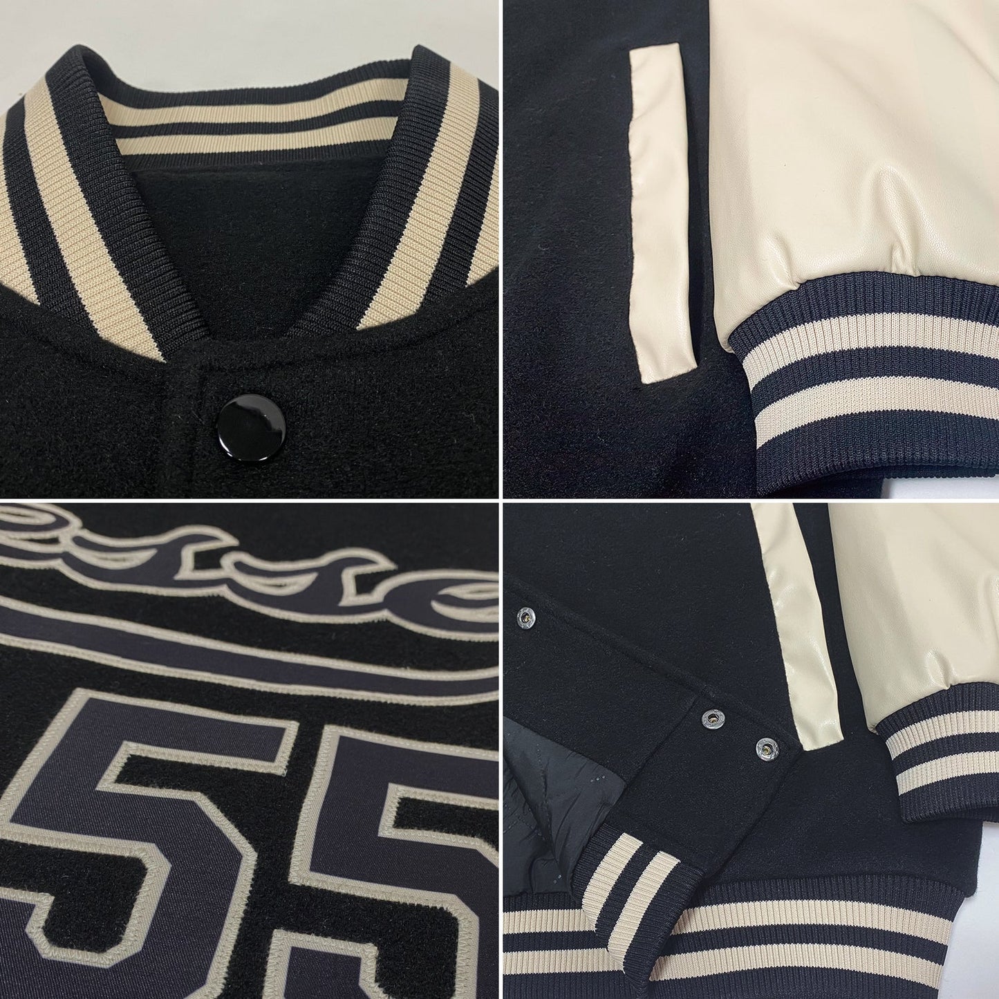 Custom Black Black-Cream Bomber Full-Snap Varsity Letterman Two Tone Jacket view 4