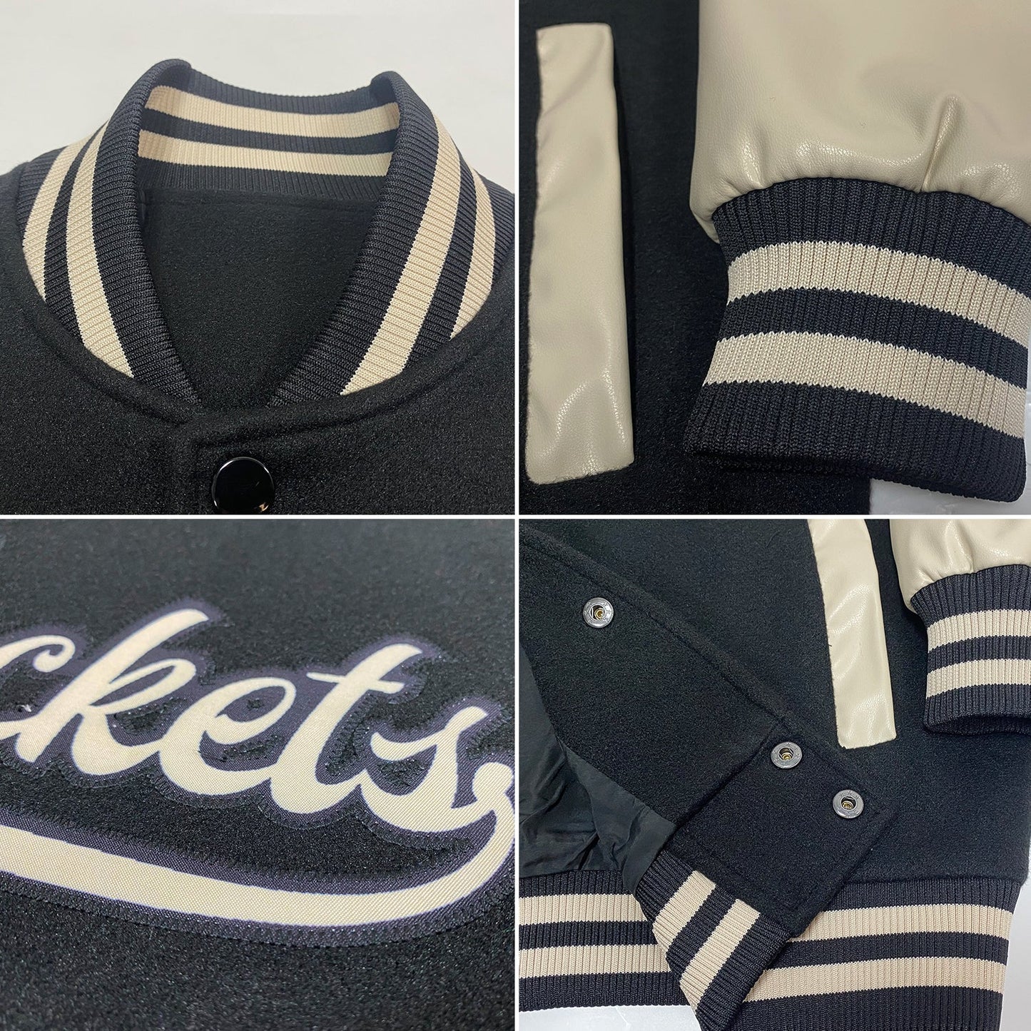 Custom Black Cream Bomber Full-Snap Varsity Letterman Two Tone Jacket view 4