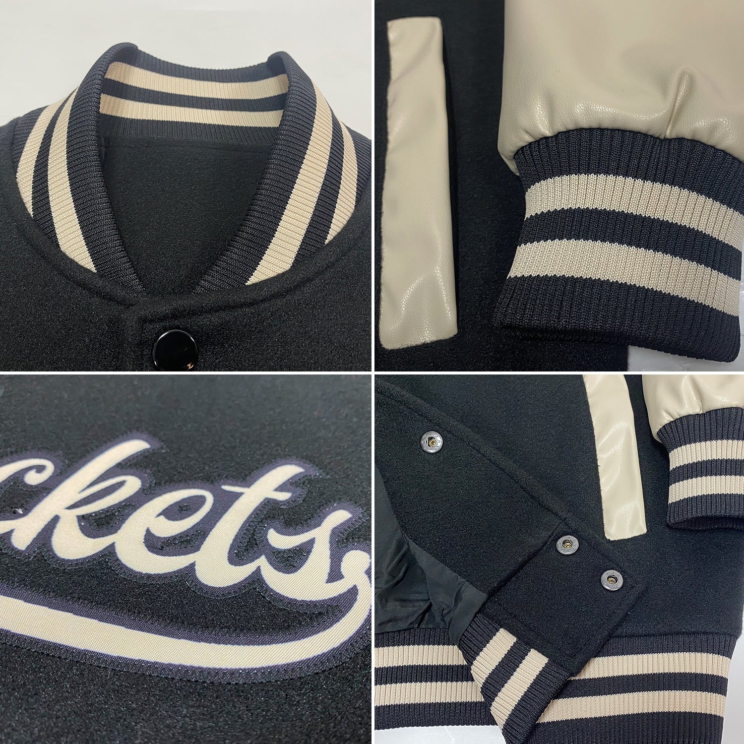 Custom Black Cream Bomber Full-Snap Varsity Letterman Two Tone Jacket view 4