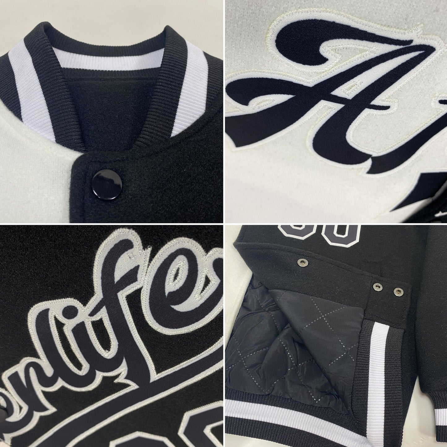 Custom White Black Bomber Full-Snap Varsity Letterman Split Fashion Jacket view 4
