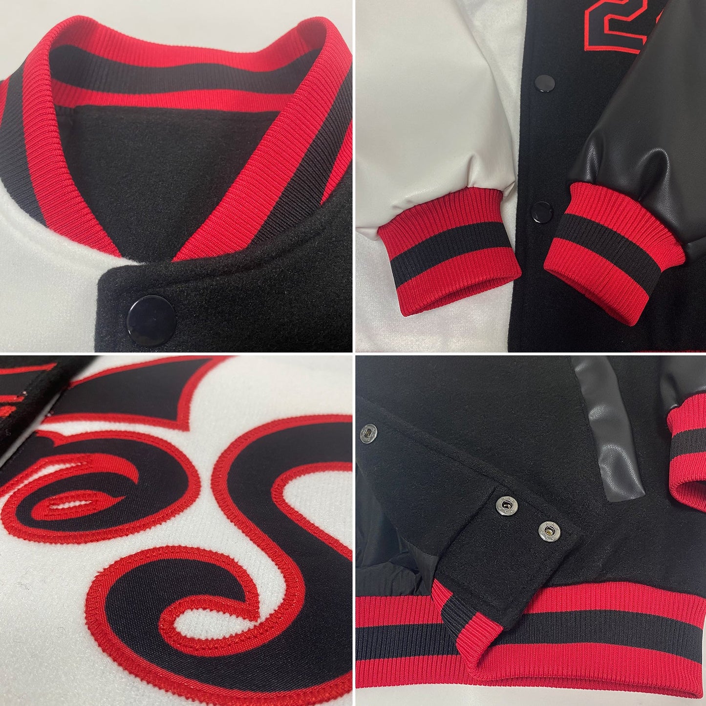 Custom White Black-Red Bomber Full-Snap Varsity Letterman Split Fashion Jacket view 4