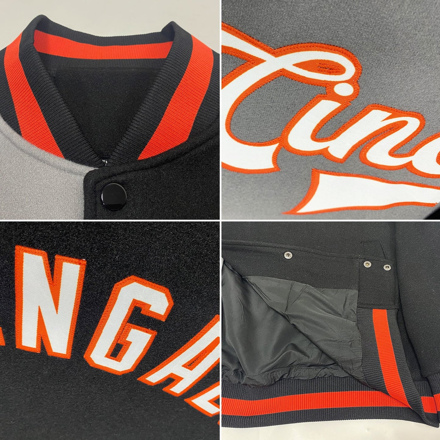 Custom Black Orange-Gray Bomber Full-Snap Varsity Letterman Split Fashion Jacket view 4