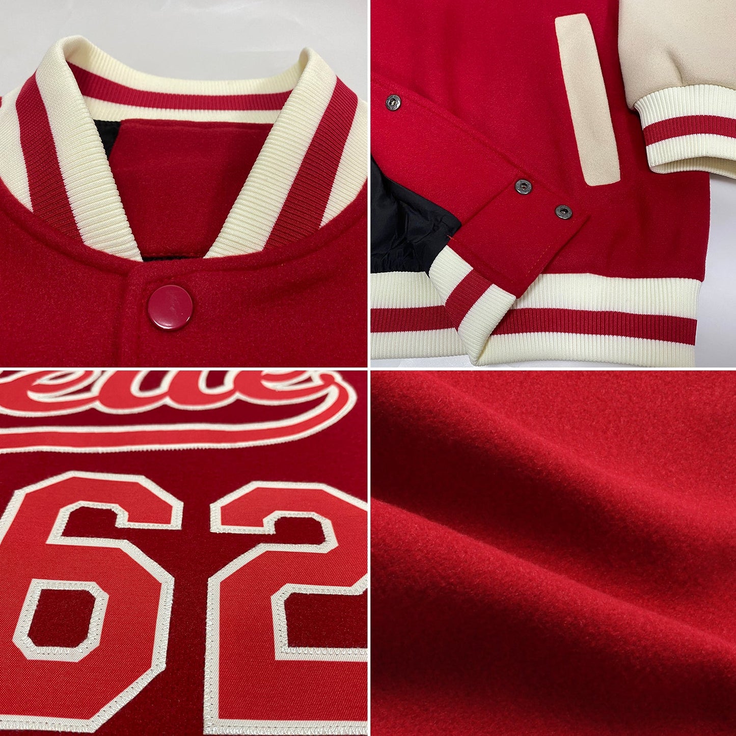 Custom Red Red-Cream Bomber Full-Snap Varsity Letterman Two Tone Jacket view 4