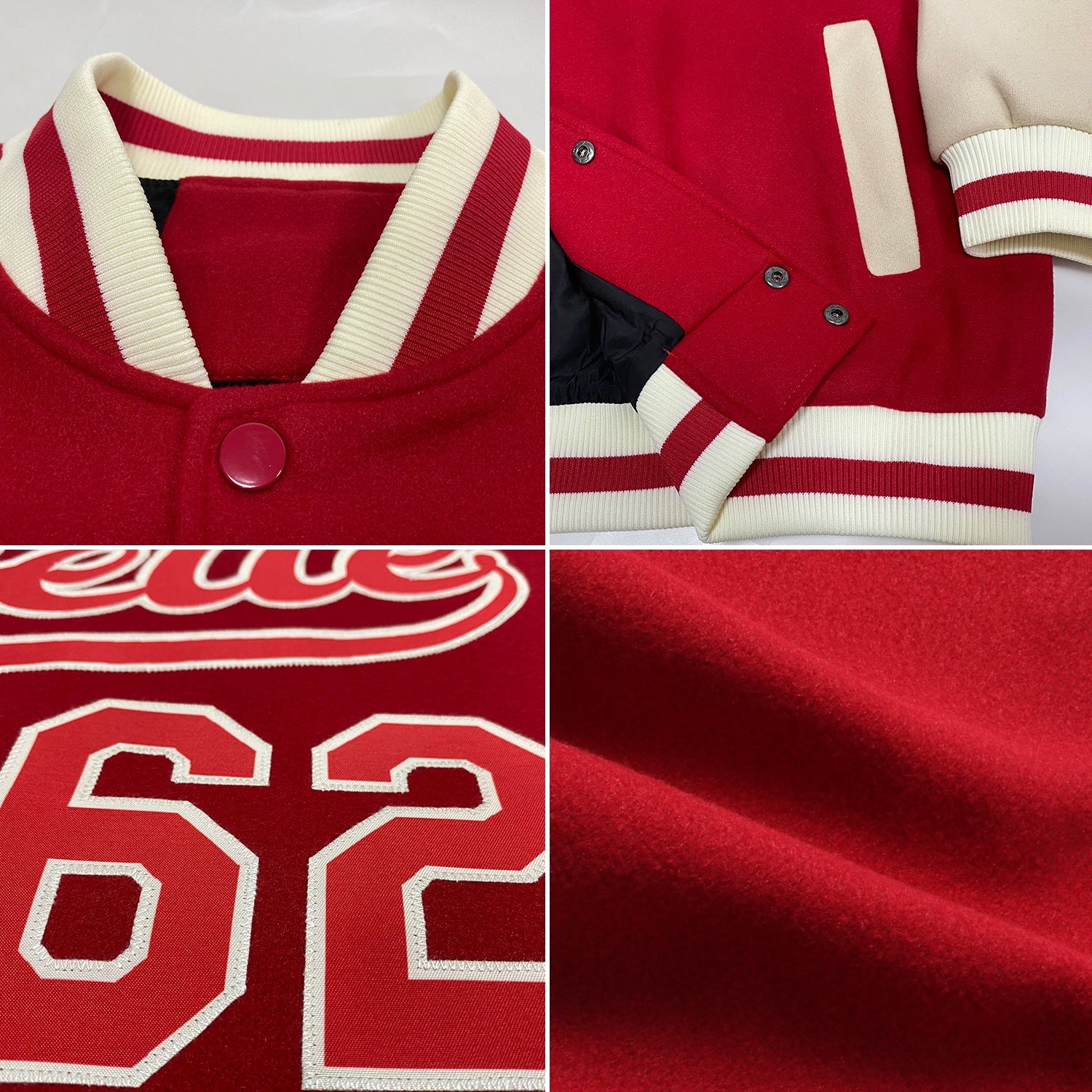 Custom Red Red-Cream Bomber Full-Snap Varsity Letterman Two Tone Jacket view 4