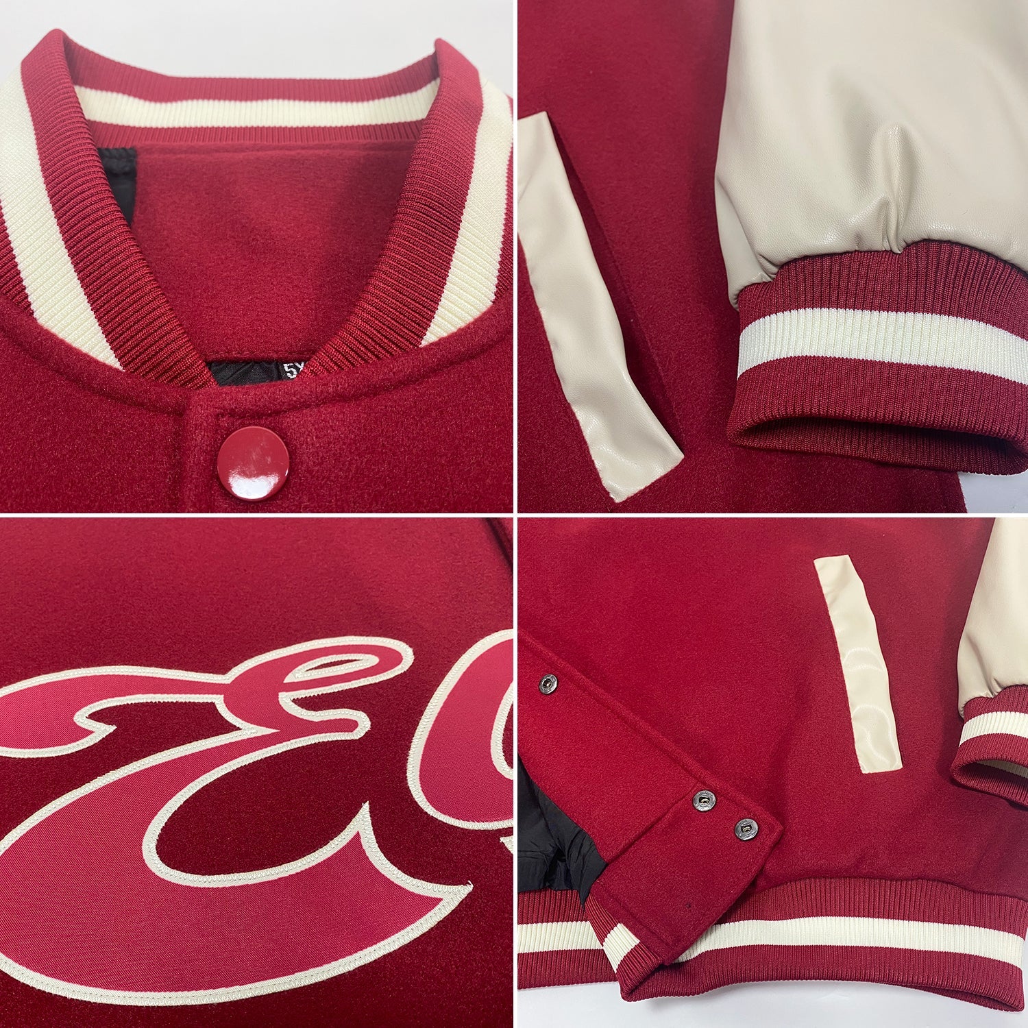 Custom Crimson Crimson Cream-Maroon Bomber Full-Snap Varsity Letterman Two Tone Jacket view 4
