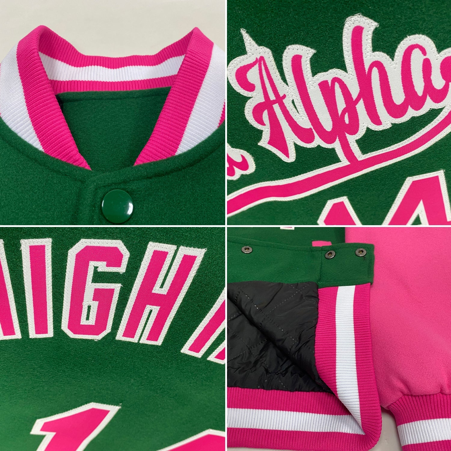 Custom Kelly Green Pink-White Bomber Full-Snap Varsity Letterman Two Tone Jacket view 4
