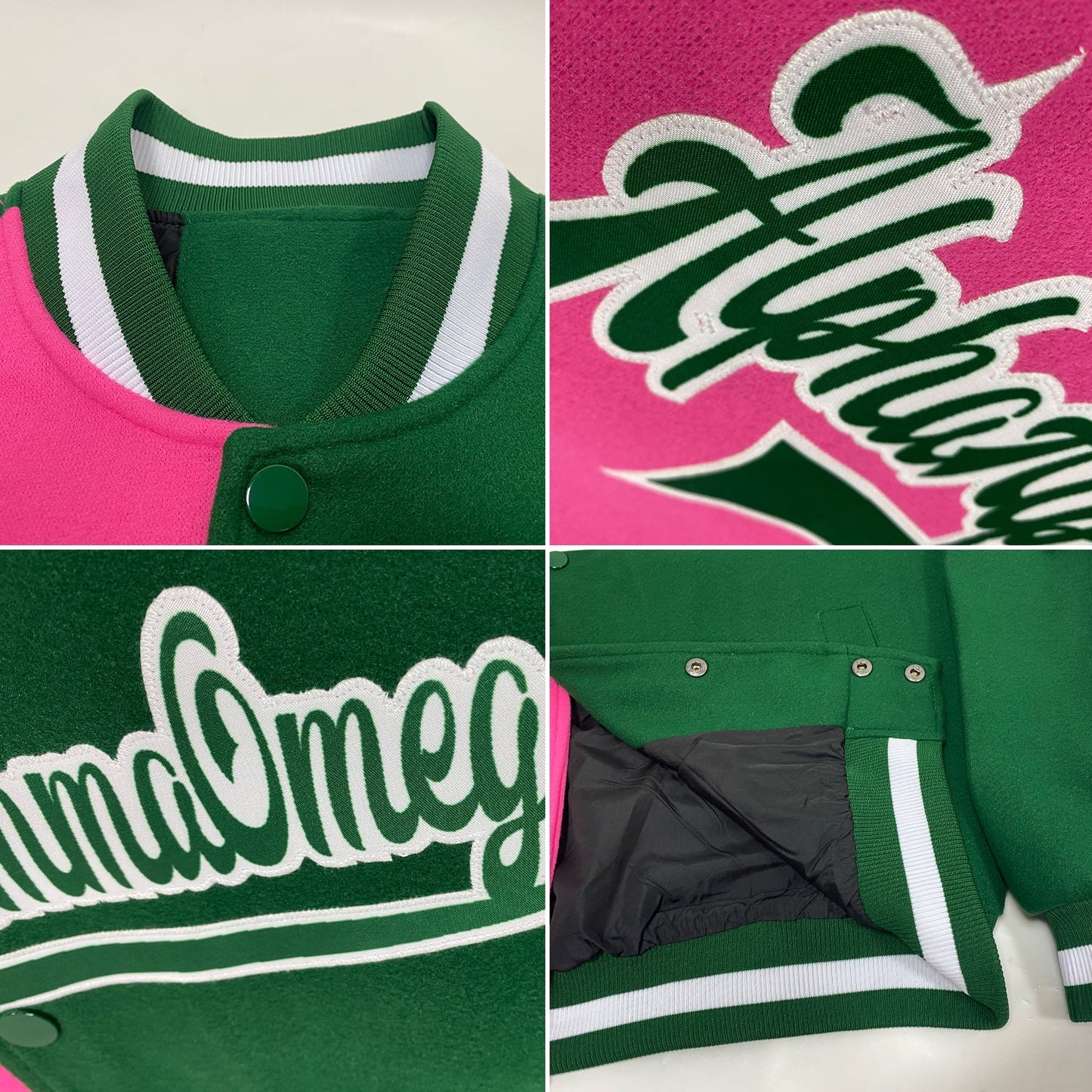 Custom Kelly Green Pink-White Bomber Full-Snap Varsity Letterman Split Fashion Jacket view 4