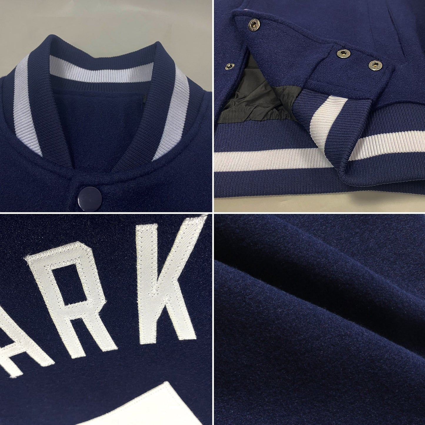Custom Navy White Bomber Full-Snap Varsity Letterman Jacket view 4