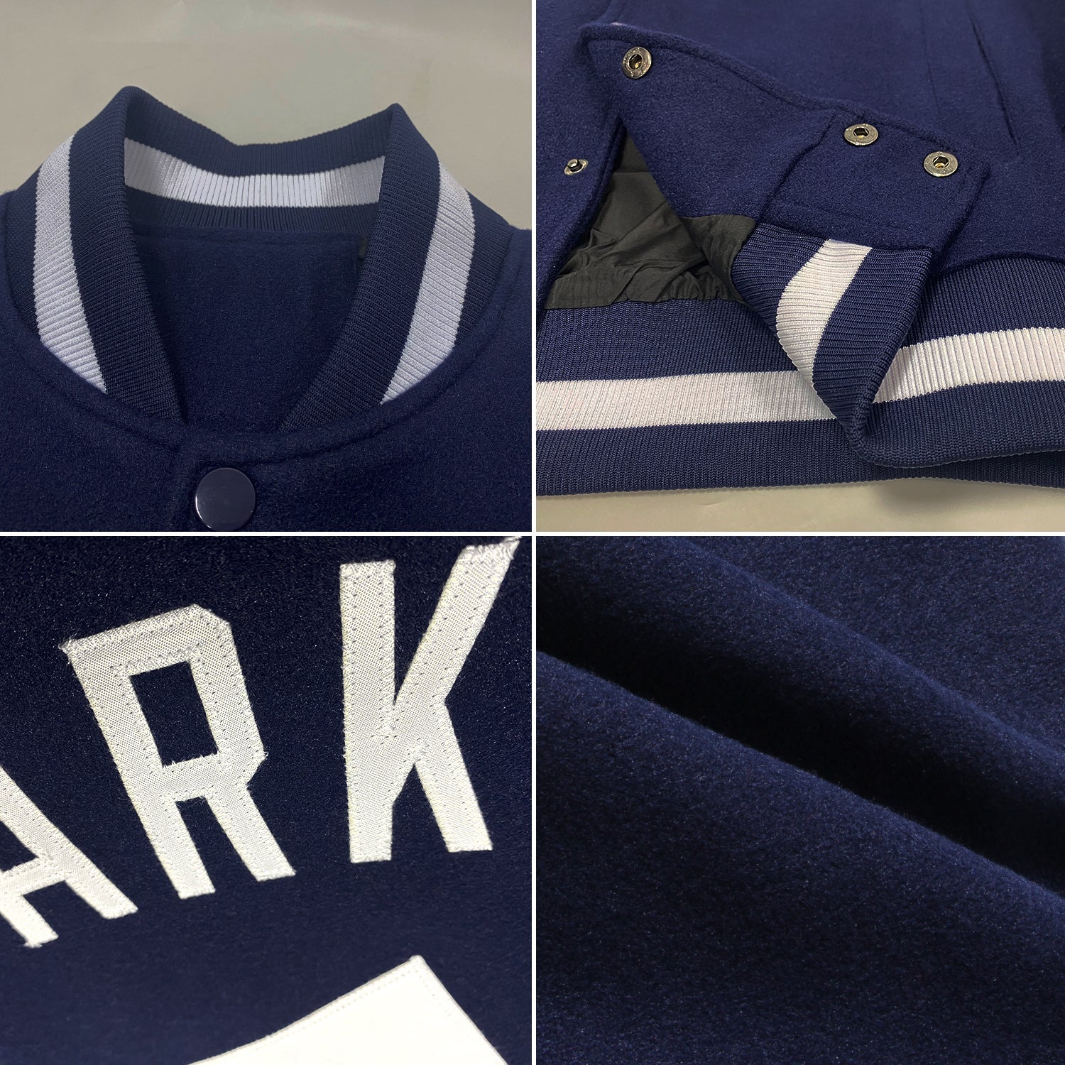 Custom Navy White Bomber Full-Snap Varsity Letterman Jacket view 4