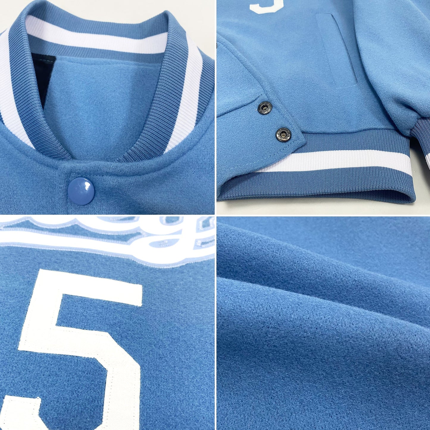 Custom Light Blue White Bomber Full-Snap Varsity Letterman Jacket view 4