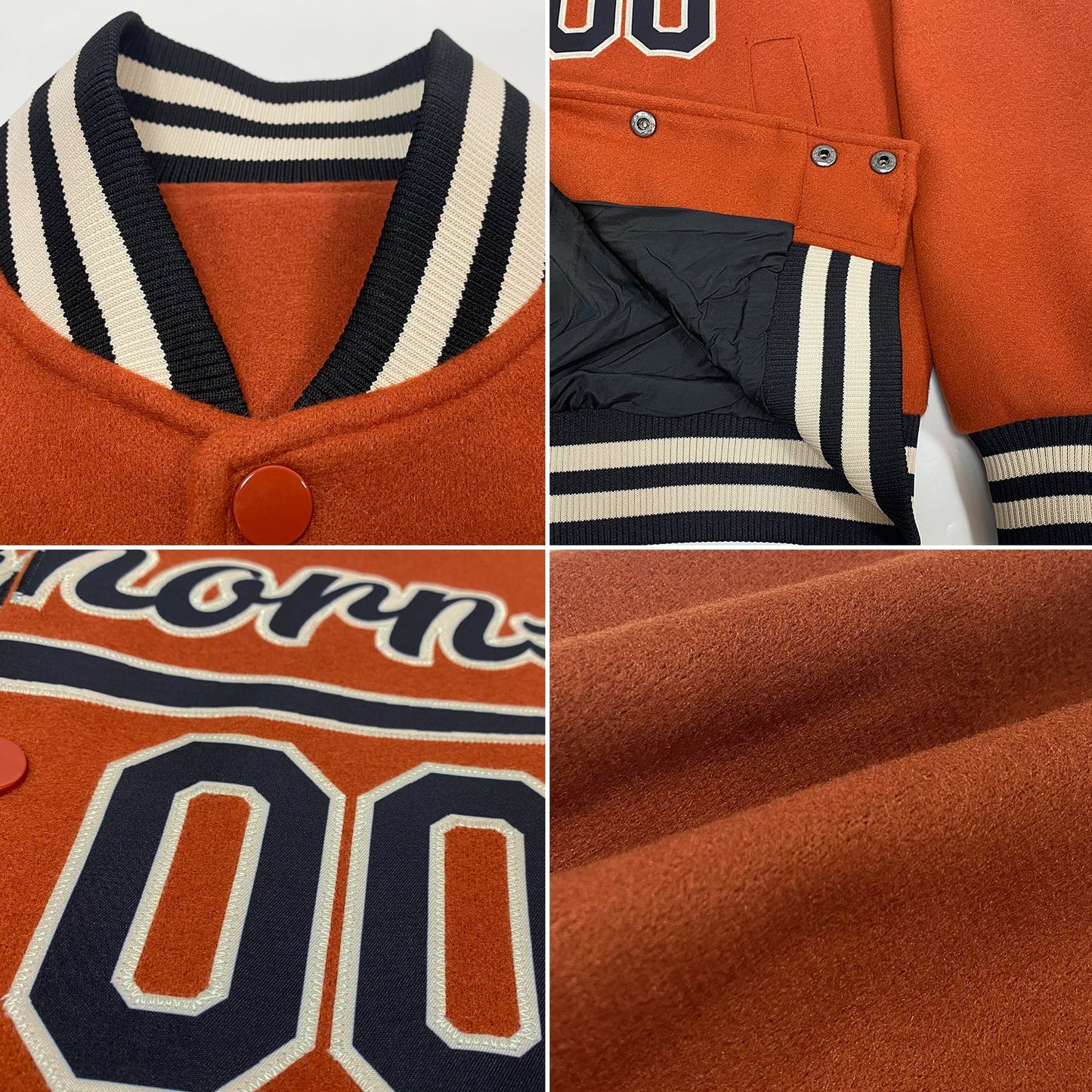 Custom Texas Orange Black-Cream Bomber Full-Snap Varsity Letterman Jacket view 4