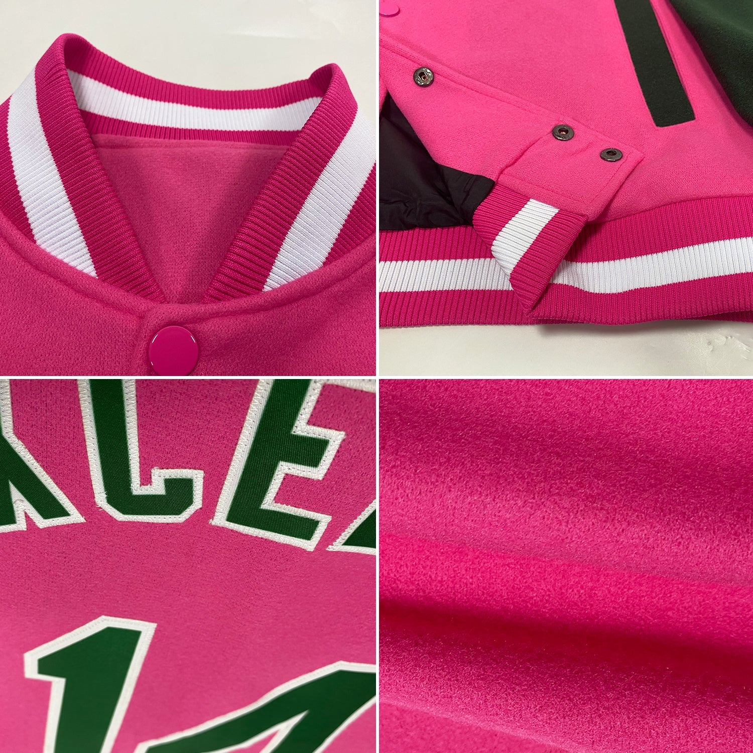 Custom Pink Green-White Bomber Full-Snap Varsity Letterman Two Tone Jacket view 4