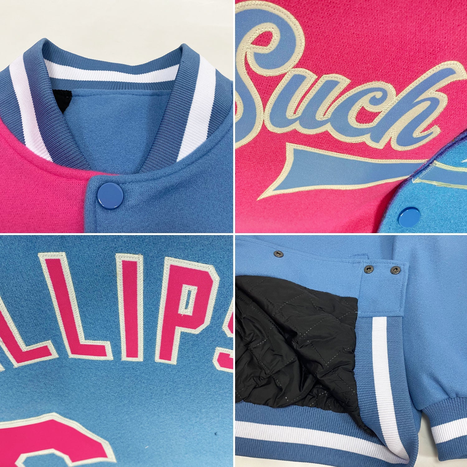 Custom Light Blue Pink-White Bomber Full-Snap Varsity Letterman Split Fashion Jacket view 4