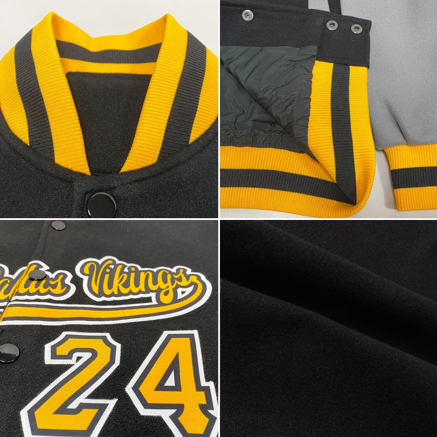 Custom Black Gold-Gray Bomber Full-Snap Varsity Letterman Two Tone Jacket view 4