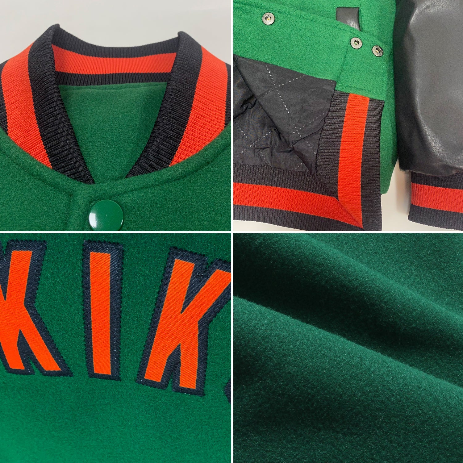 Custom Kelly Green Orange-Black Bomber Full-Snap Varsity Letterman Two Tone Jacket view 4