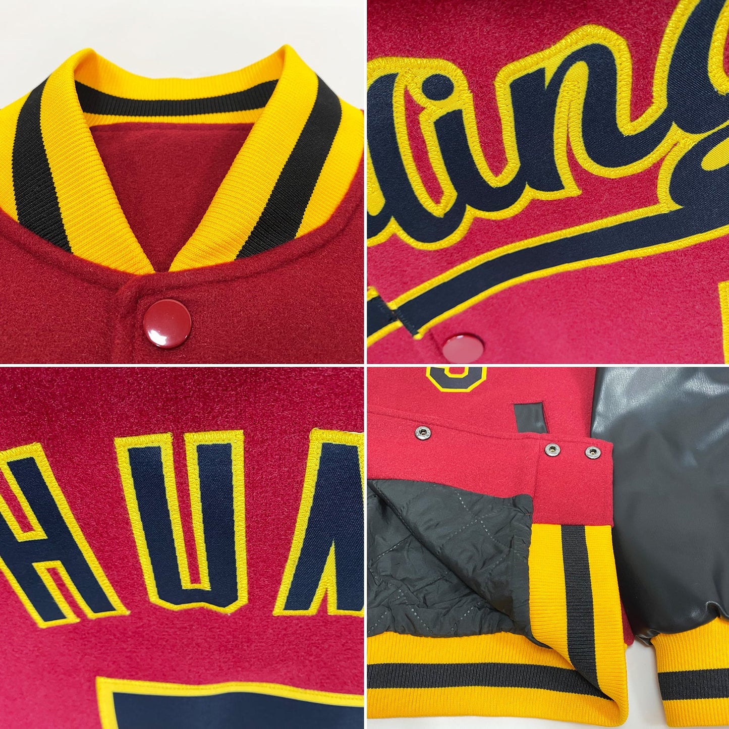 Custom Crimson Black-Gold Bomber Full-Snap Varsity Letterman Two Tone Jacket view 4