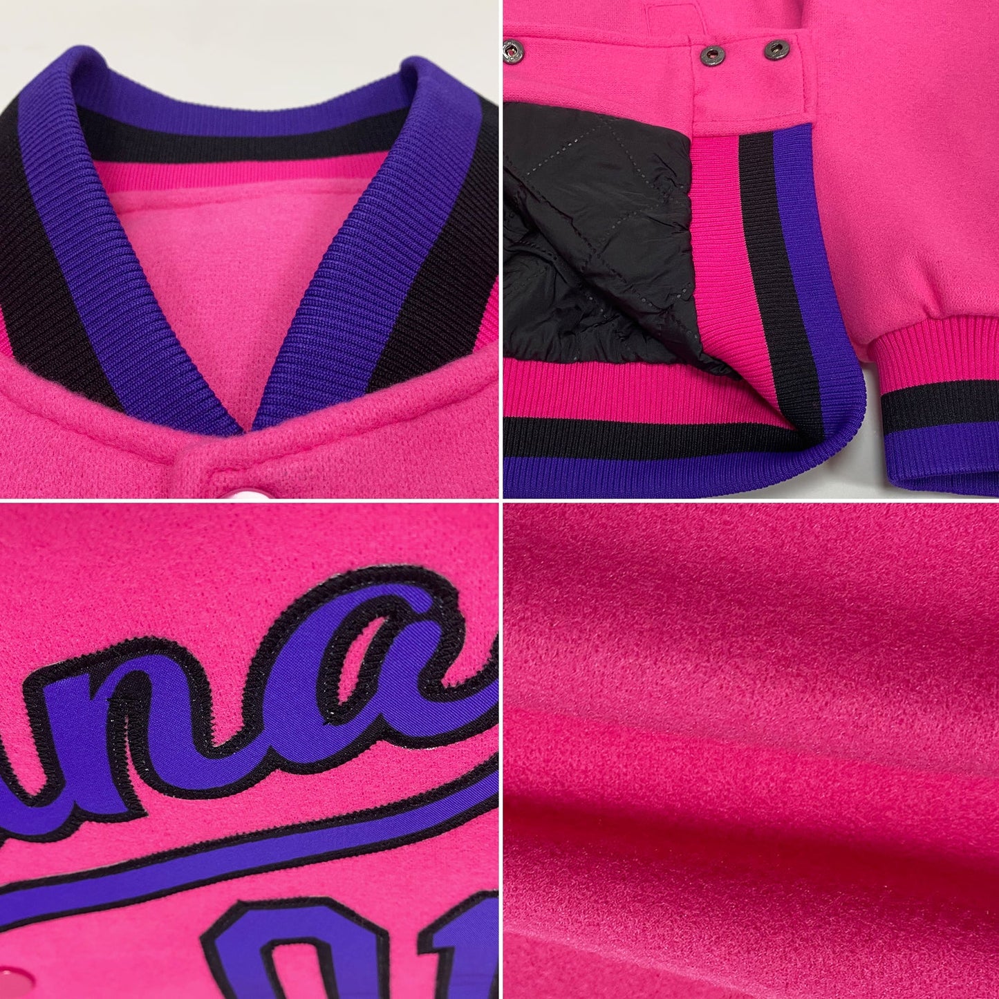 Custom Pink Purple-Black Bomber Full-Snap Varsity Letterman Jacket view 4