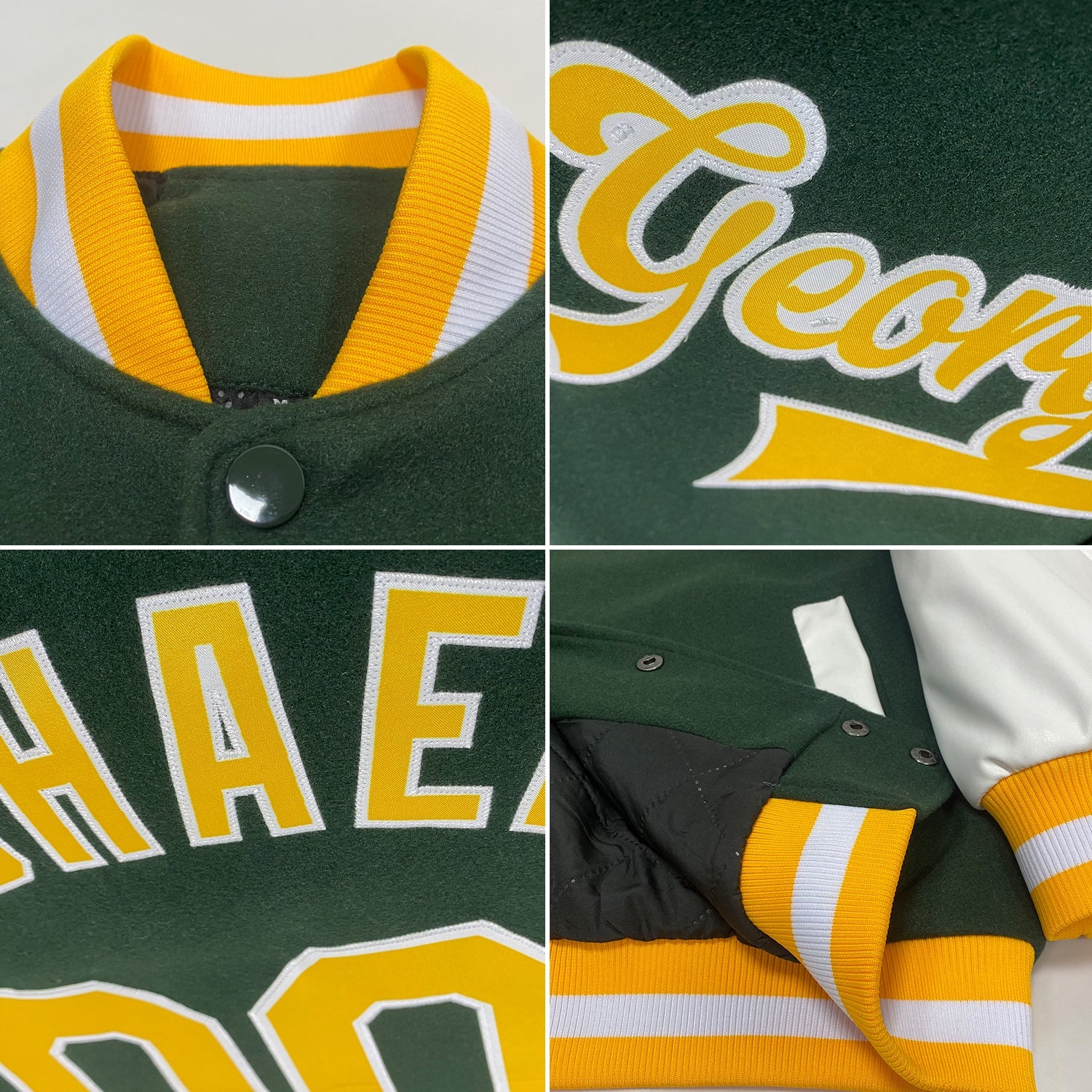 Custom Green Gold-White Bomber Full-Snap Varsity Letterman Two Tone Jacket view 4