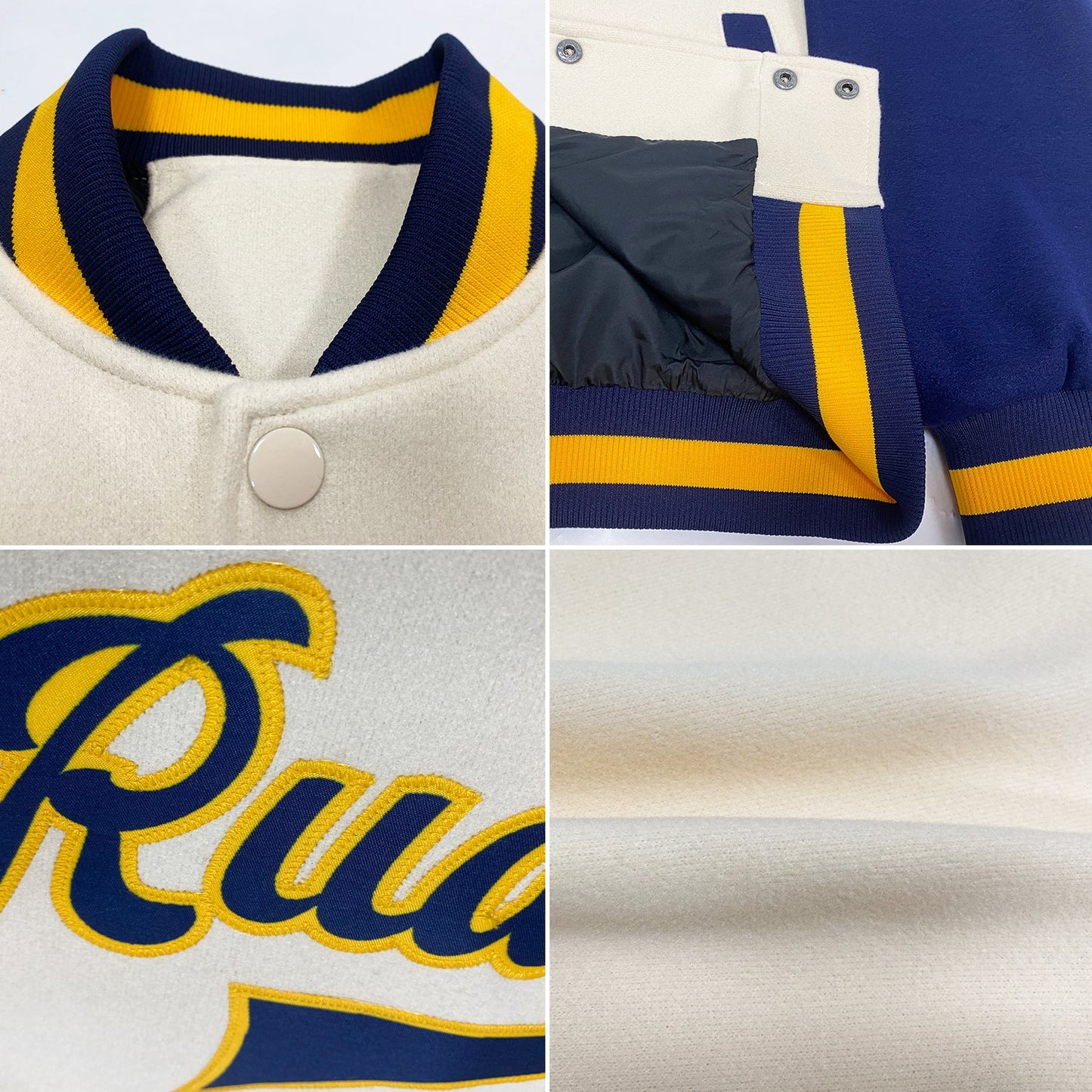 Custom Cream Navy-Gold Bomber Full-Snap Varsity Letterman Two Tone Jacket view 4