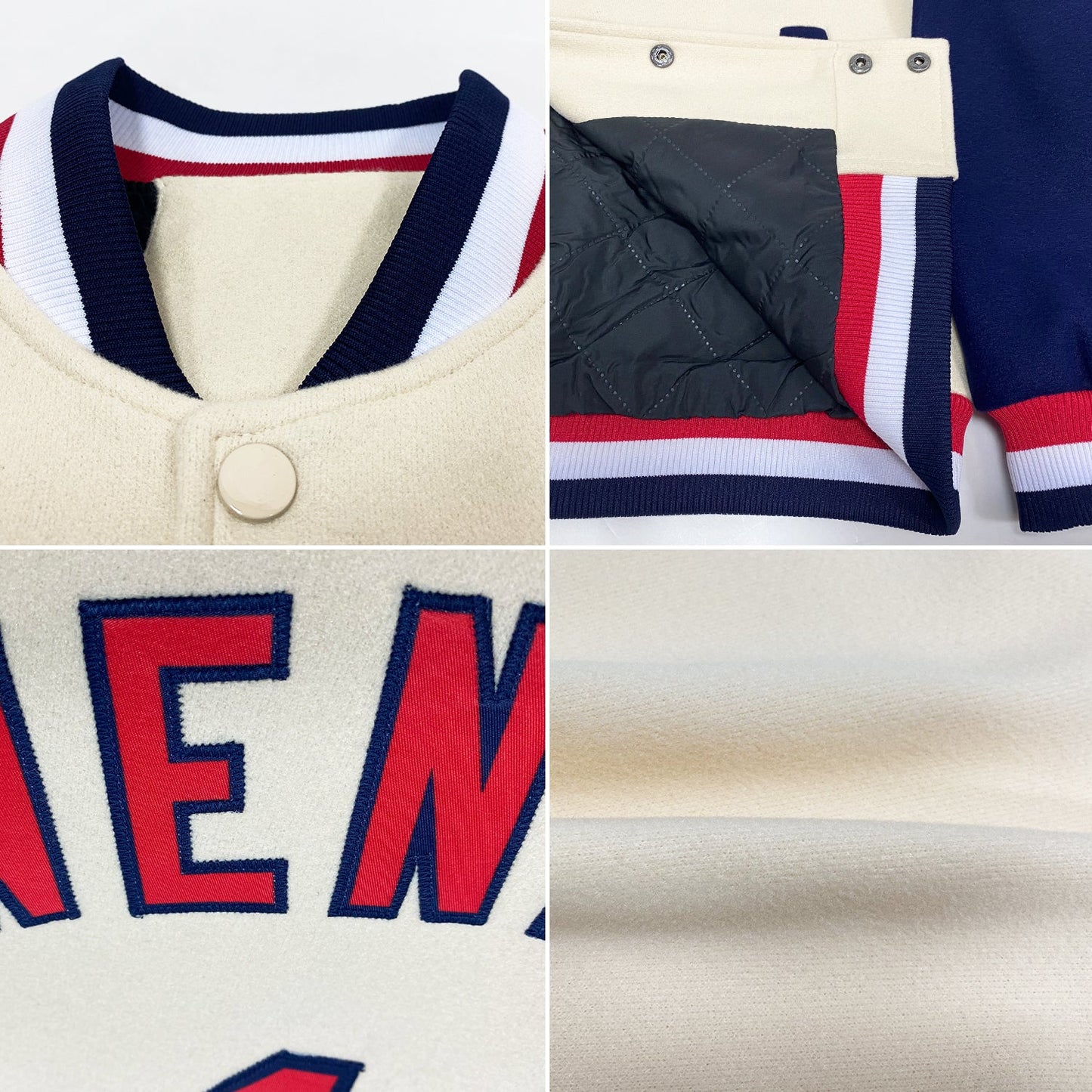 Custom Cream Red-Navy Bomber Full-Snap Varsity Letterman Two Tone Jacket view 4