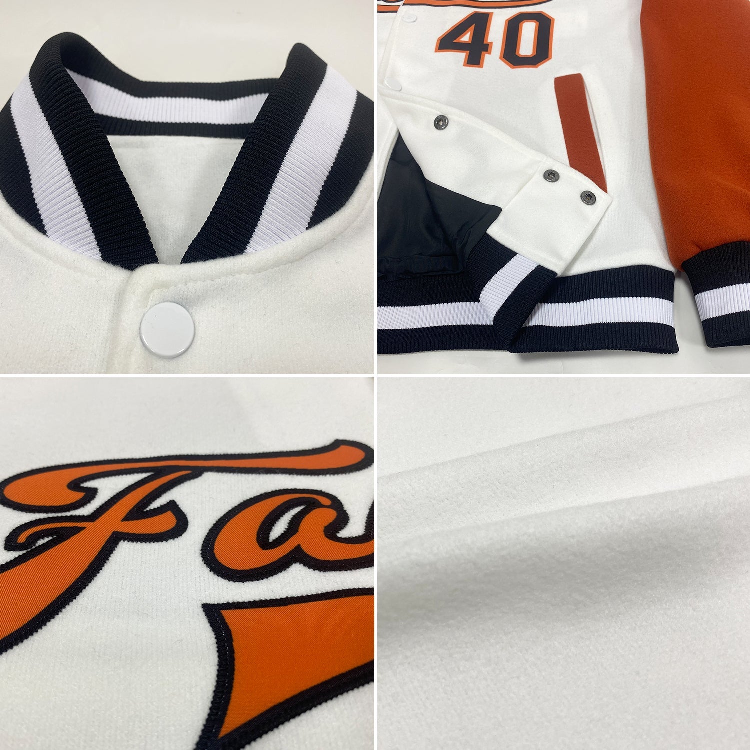 Custom White Black-Texas Orange Bomber Full-Snap Varsity Letterman Two Tone Jacket view 4