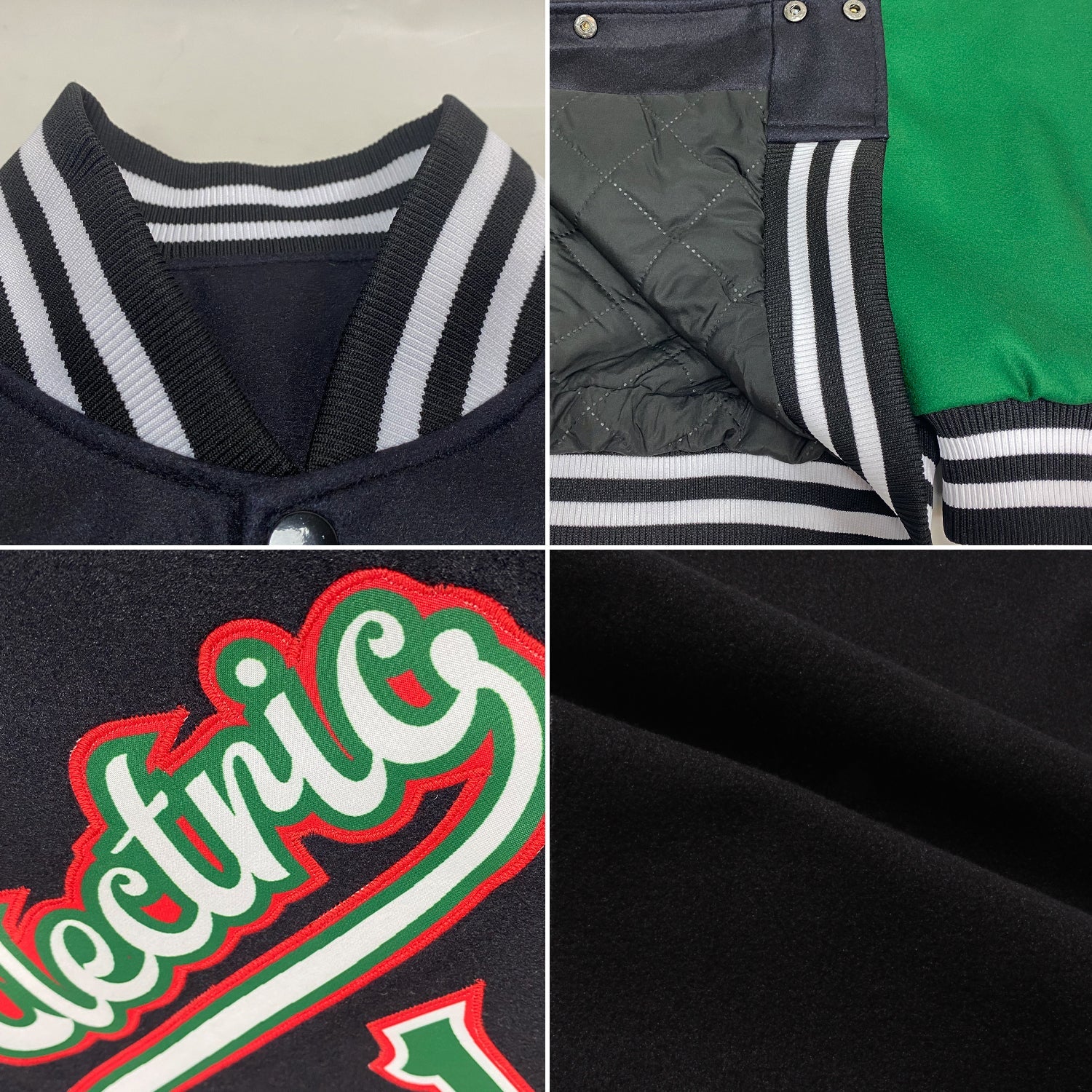 Custom Black Kelly Green-Red Mexico 3D Bomber Full-Snap Varsity Letterman Two Tone Jacket view 4
