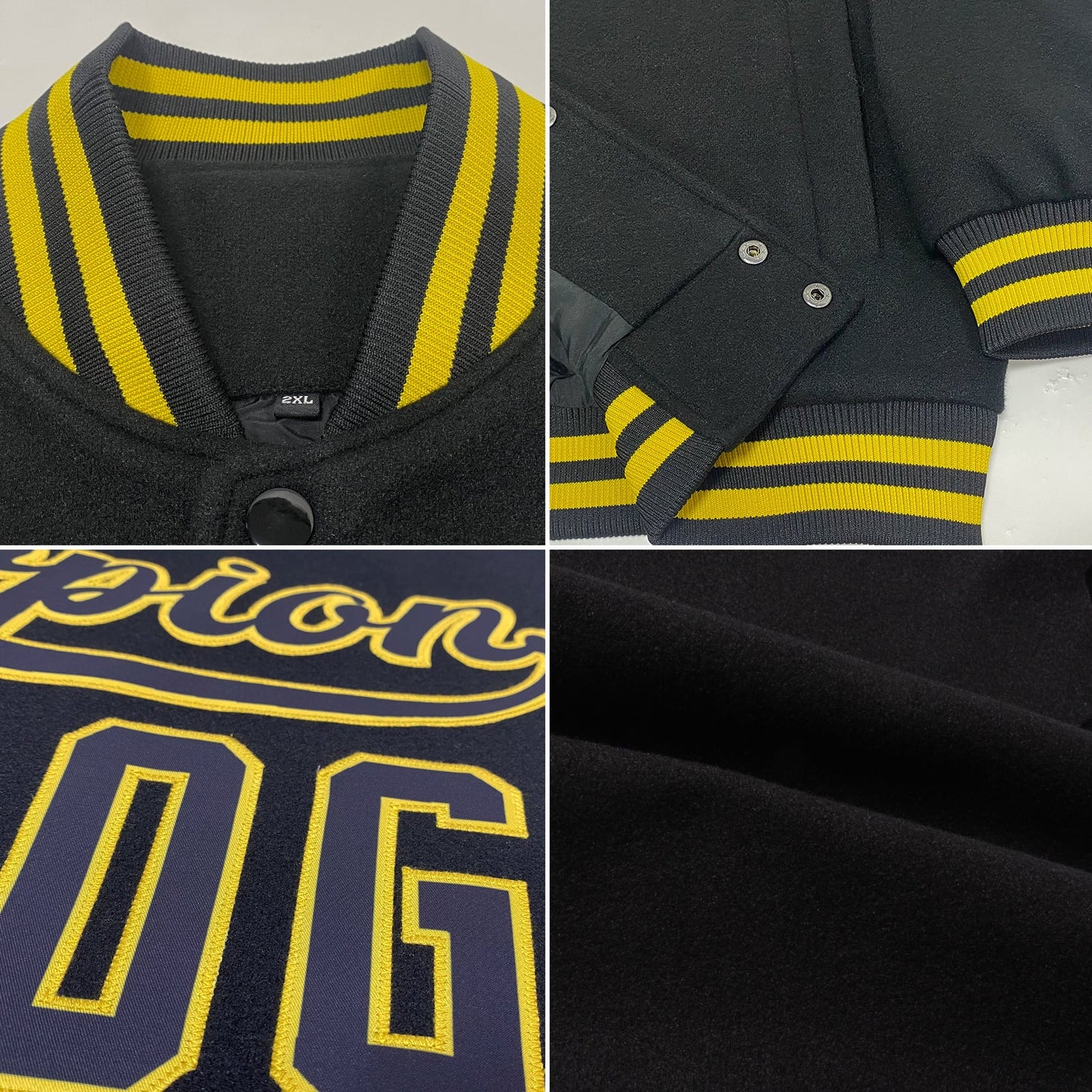Custom Black Old Gold Bomber Full-Snap Varsity Letterman Jacket view 4