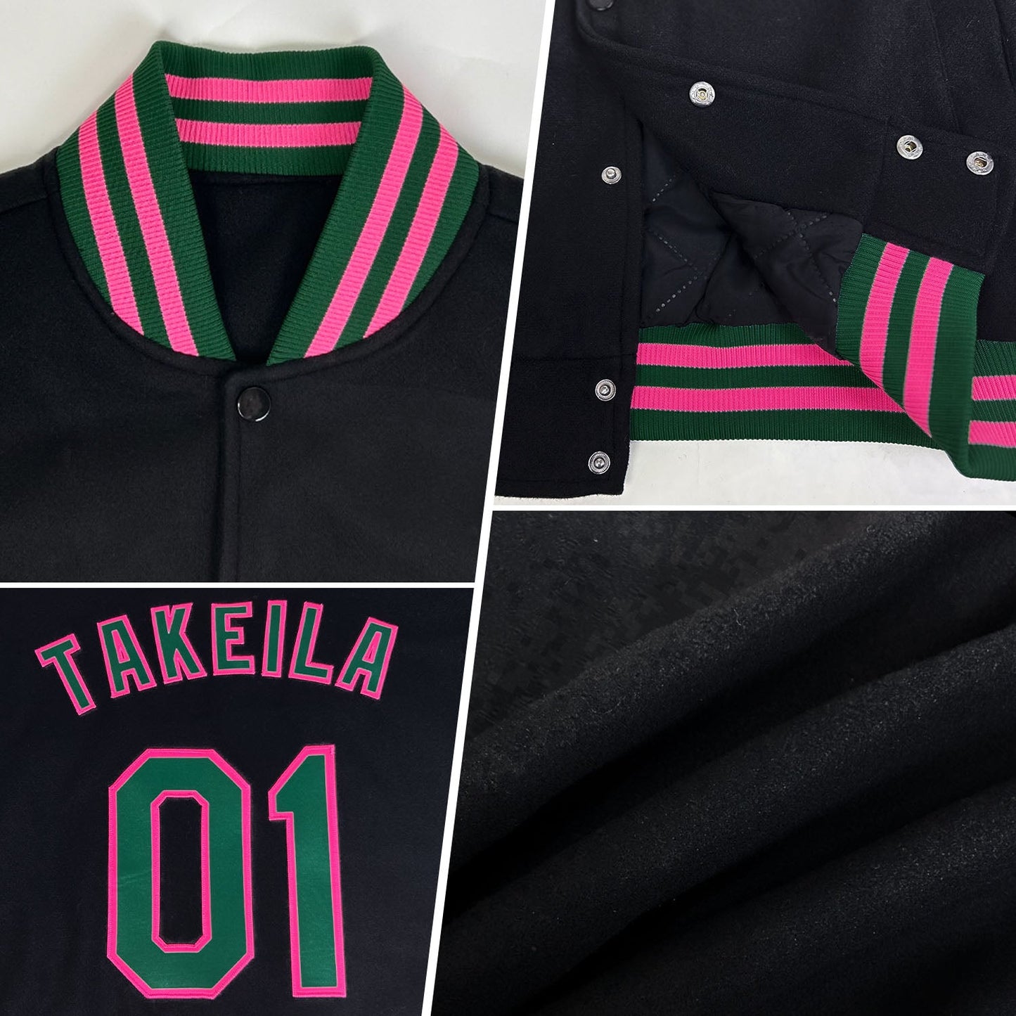 Custom Black Pink-Aqua Bomber Full-Snap Varsity Letterman Jacket view 4