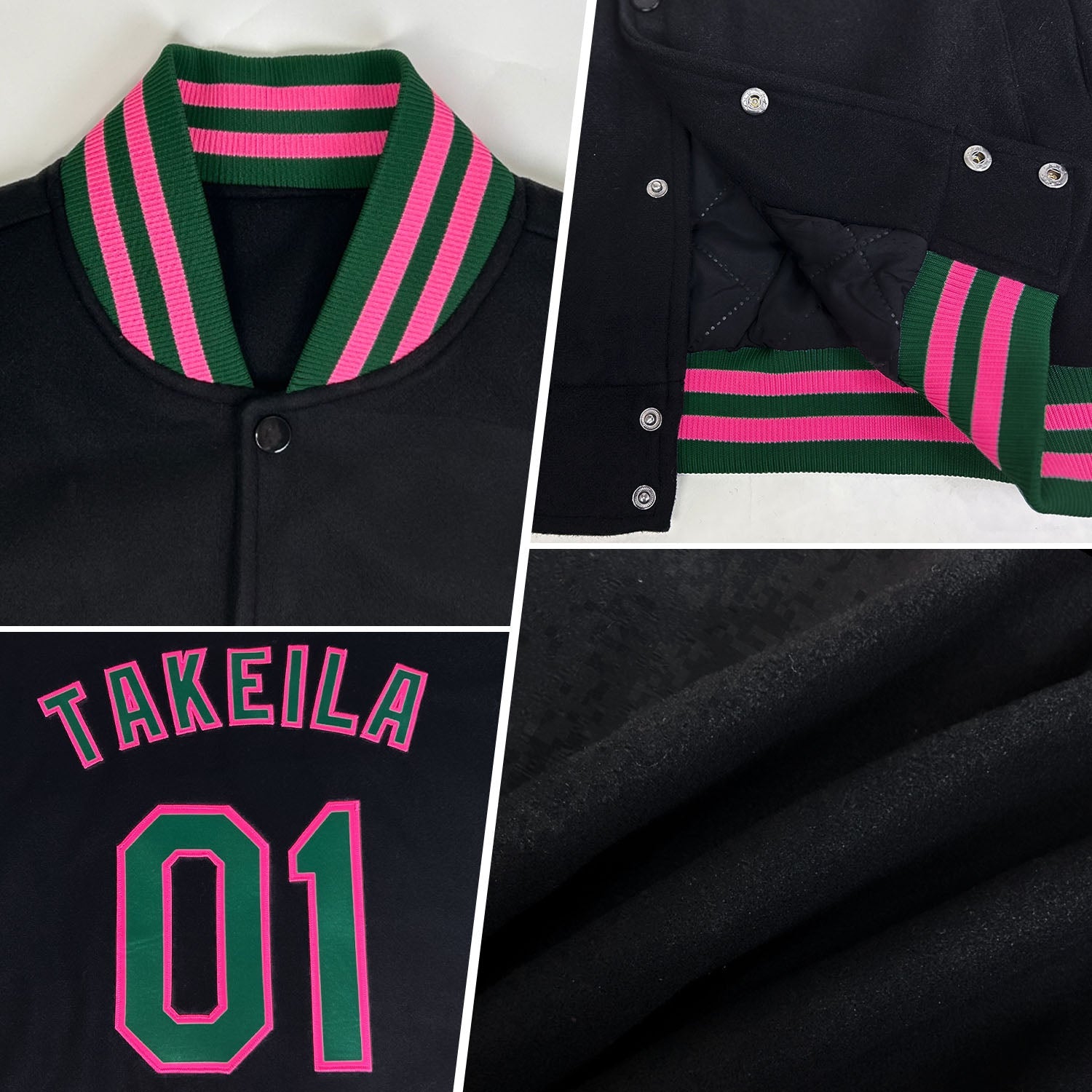 Custom Black Pink-Aqua Bomber Full-Snap Varsity Letterman Jacket view 4