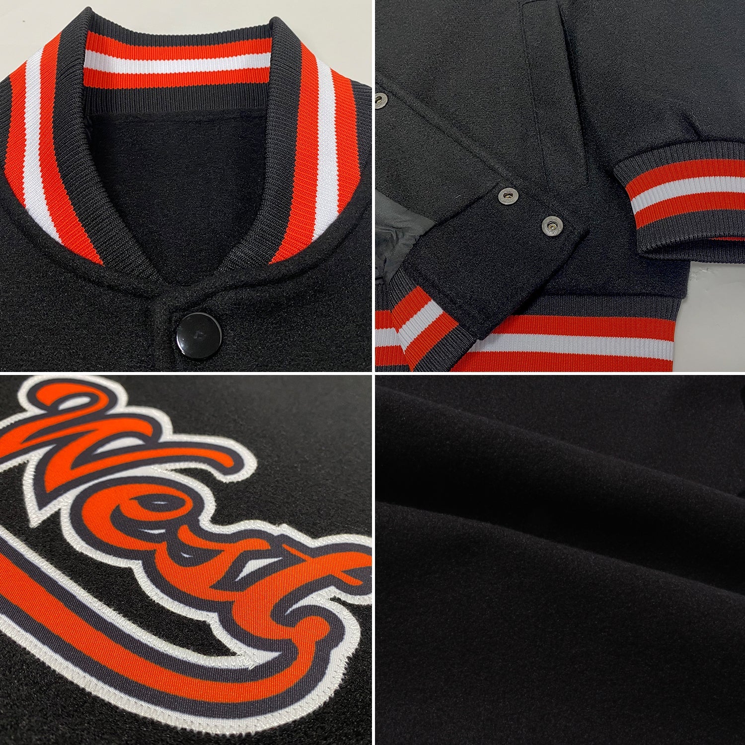 Custom Black Orange-White Bomber Full-Snap Varsity Letterman Jacket view 4